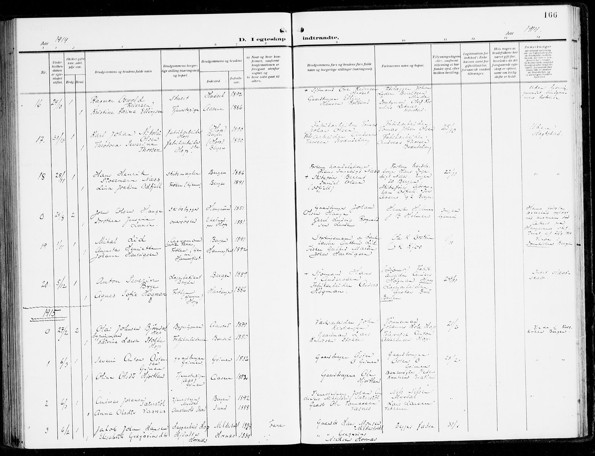 Fana Sokneprestembete, AV/SAB-A-75101/H/Haa/Haai/L0004: Parish register (official) no. I 4, 1912-1933, p. 166