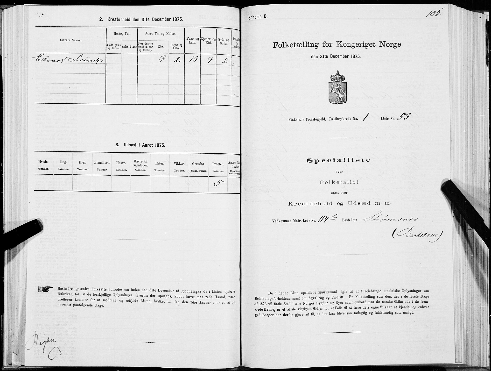 SAT, 1875 census for 1859P Flakstad, 1875, p. 1105