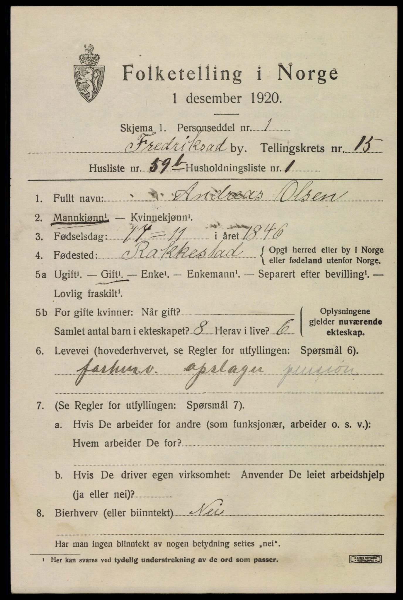 SAO, 1920 census for Fredrikstad, 1920, p. 36217