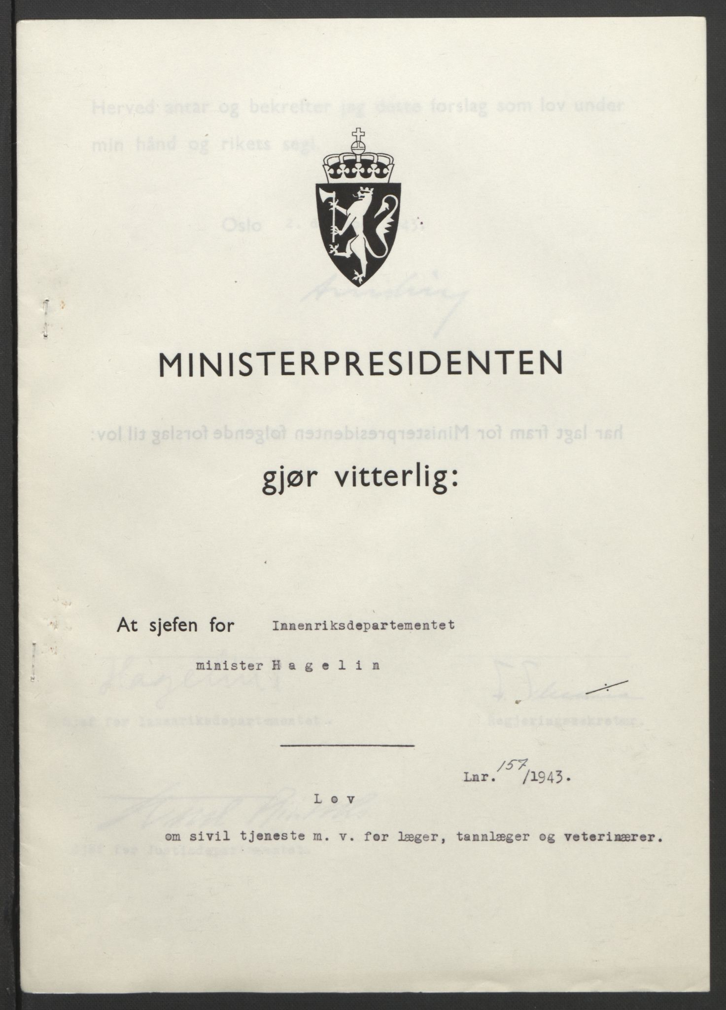 NS-administrasjonen 1940-1945 (Statsrådsekretariatet, de kommisariske statsråder mm), RA/S-4279/D/Db/L0099: Lover, 1943, p. 743
