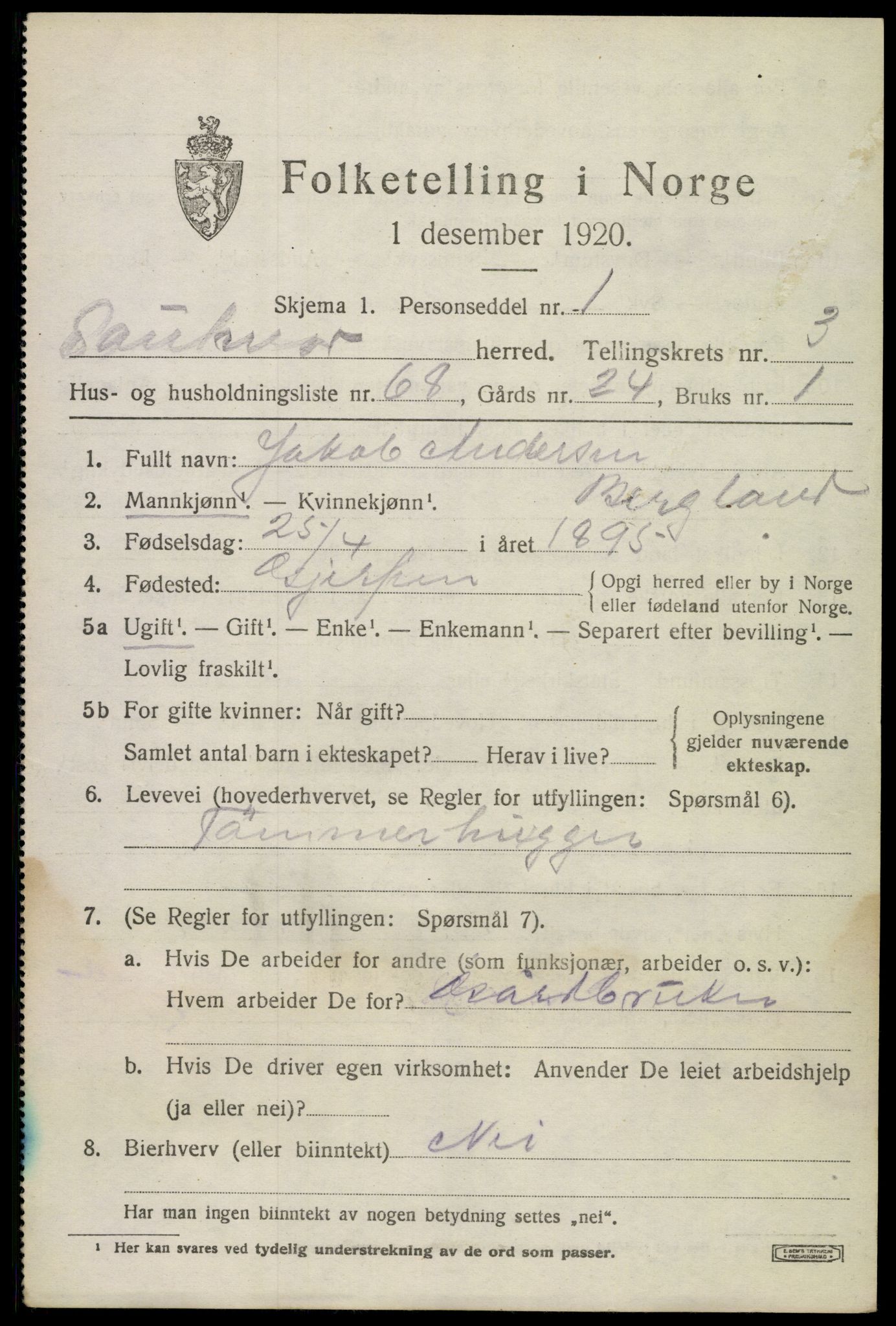 SAKO, 1920 census for Sauherad, 1920, p. 3595