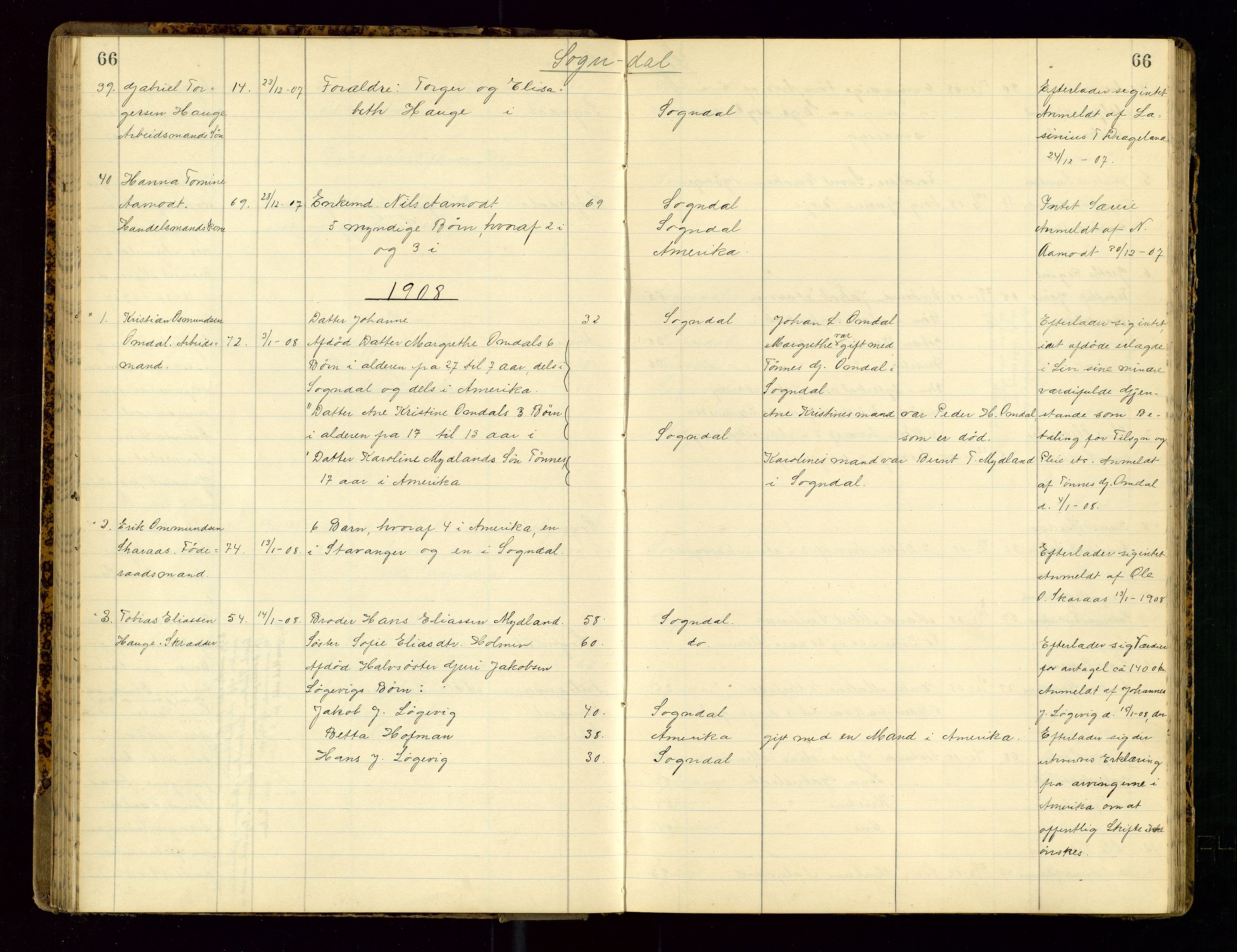 Dalane sorenskriveri, SAST/A-100309/001/5/52/L0001: DØDSFALLPROTOKOLL, 1904-1911, p. 66