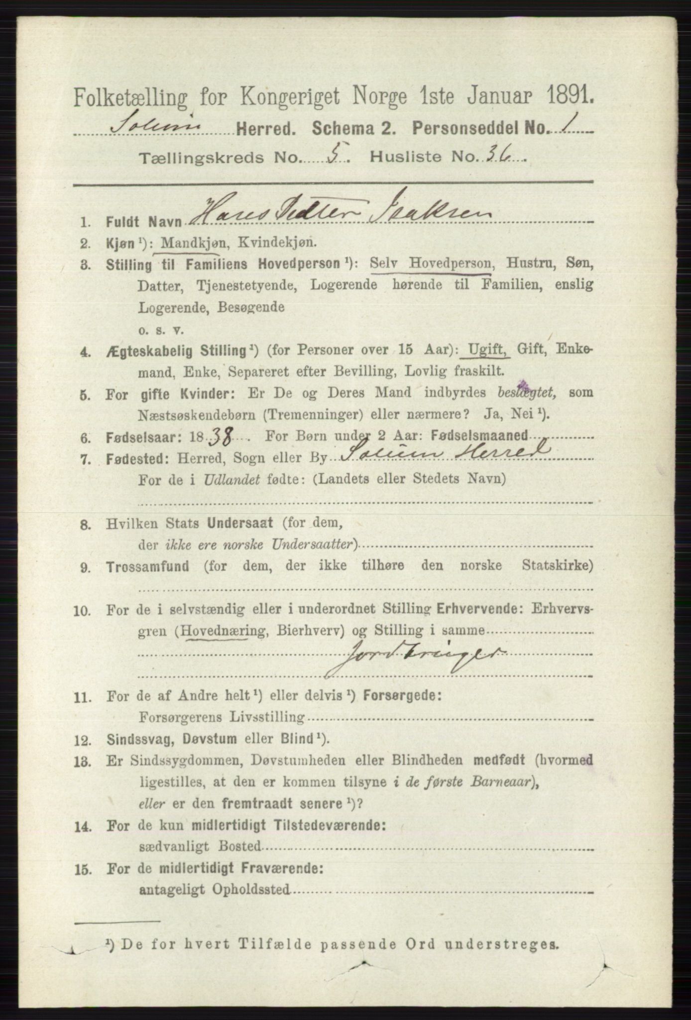 RA, 1891 census for 0818 Solum, 1891, p. 1055