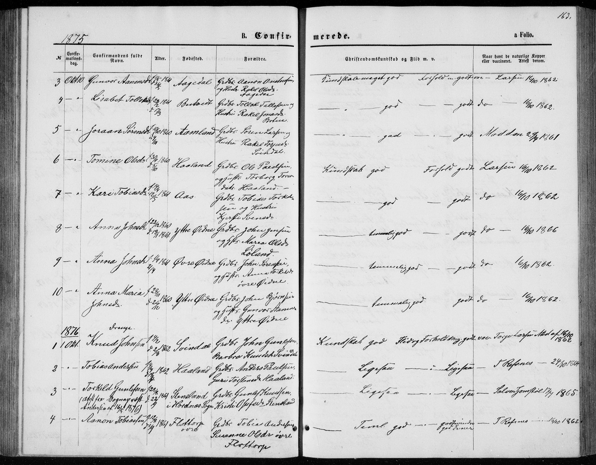 Bjelland sokneprestkontor, SAK/1111-0005/F/Fb/Fbc/L0002: Parish register (copy) no. B 2, 1867-1887, p. 163