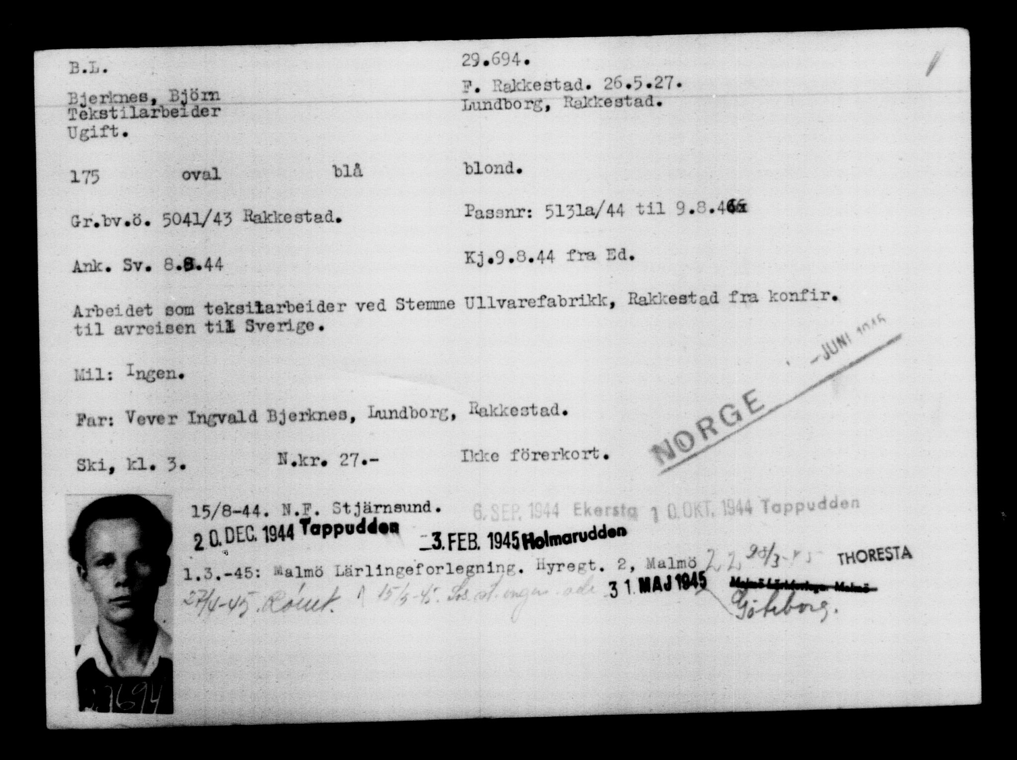 Utenriksstasjonene, Legasjonen i Stockholm, Flyktningkontoret, AV/RA-S-6753/V/Va/L0012: Kjesäterkartoteket, flyktninger med registreringsnr. 28300-31566, 1940-1945, p. 1531