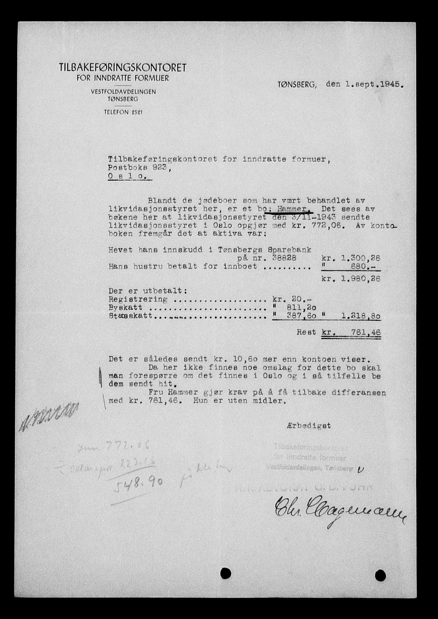 Justisdepartementet, Tilbakeføringskontoret for inndratte formuer, AV/RA-S-1564/H/Hc/Hcd/L0998: --, 1945-1947, p. 9