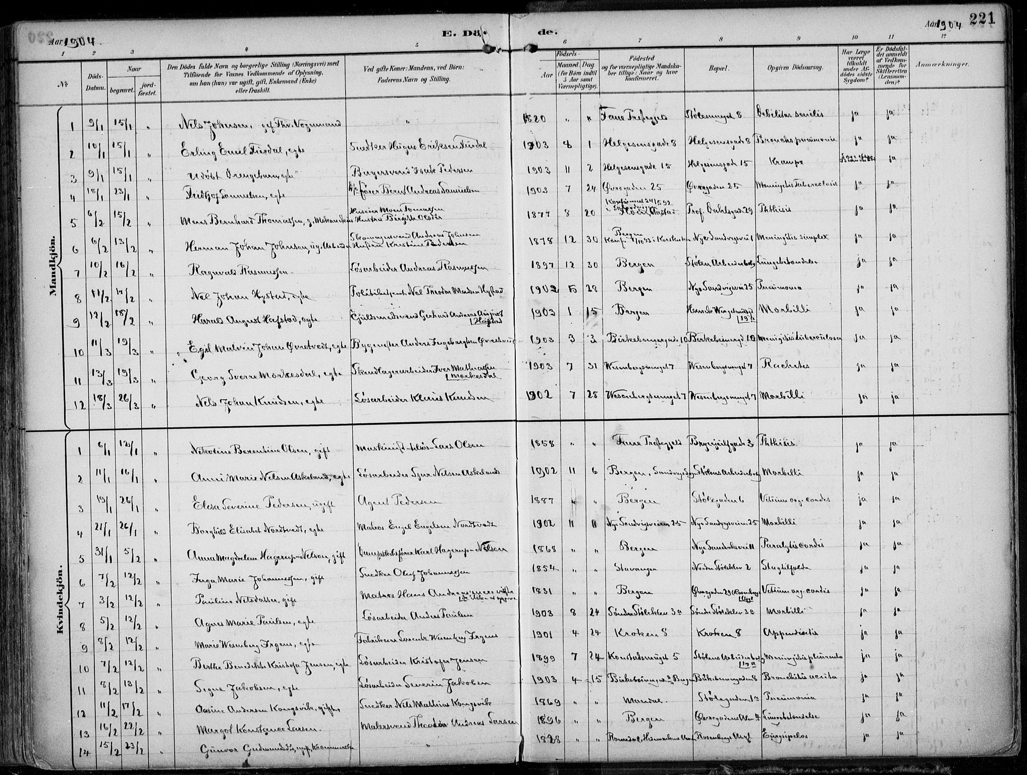Mariakirken Sokneprestembete, SAB/A-76901/H/Hab/L0005: Parish register (copy) no. A 5, 1893-1913, p. 221