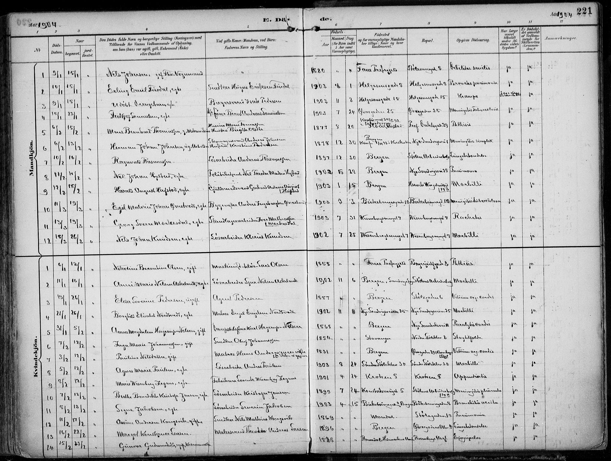 Mariakirken Sokneprestembete, AV/SAB-A-76901/H/Hab/L0005: Parish register (copy) no. A 5, 1893-1913, p. 221