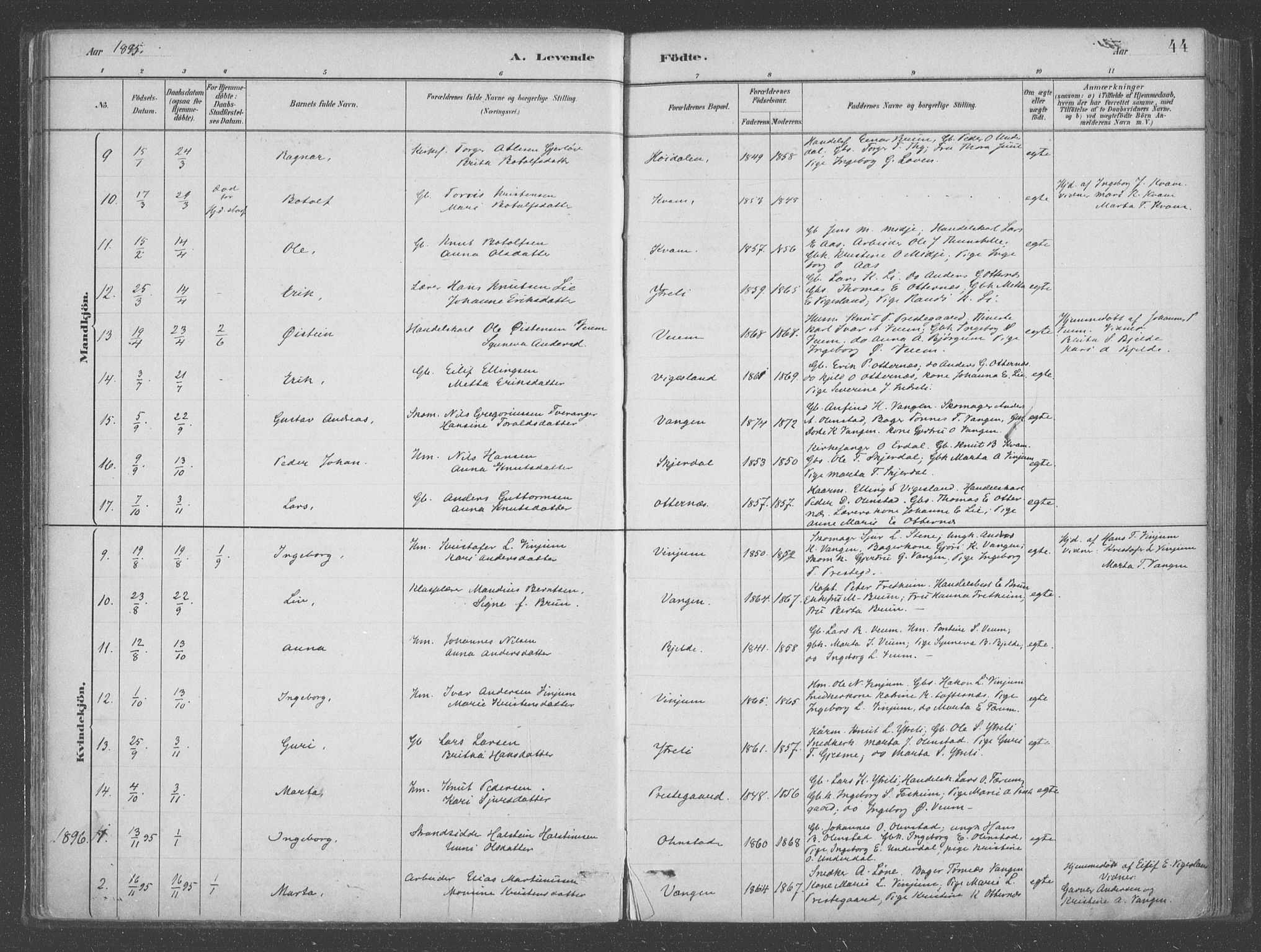 Aurland sokneprestembete, SAB/A-99937/H/Ha/Hab/L0001: Parish register (official) no. B  1, 1880-1909, p. 44