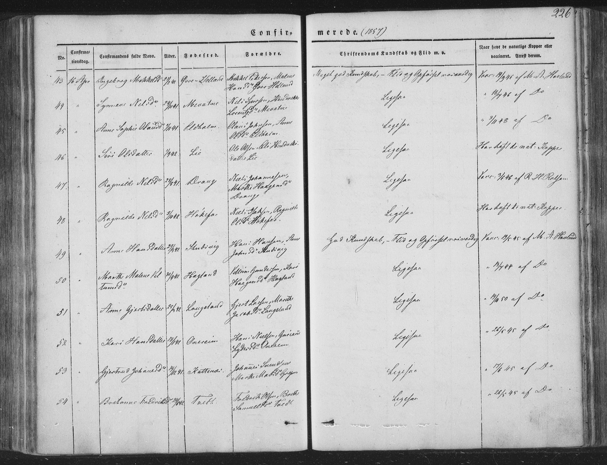 Tysnes sokneprestembete, AV/SAB-A-78601/H/Haa: Parish register (official) no. A 10, 1848-1859, p. 226