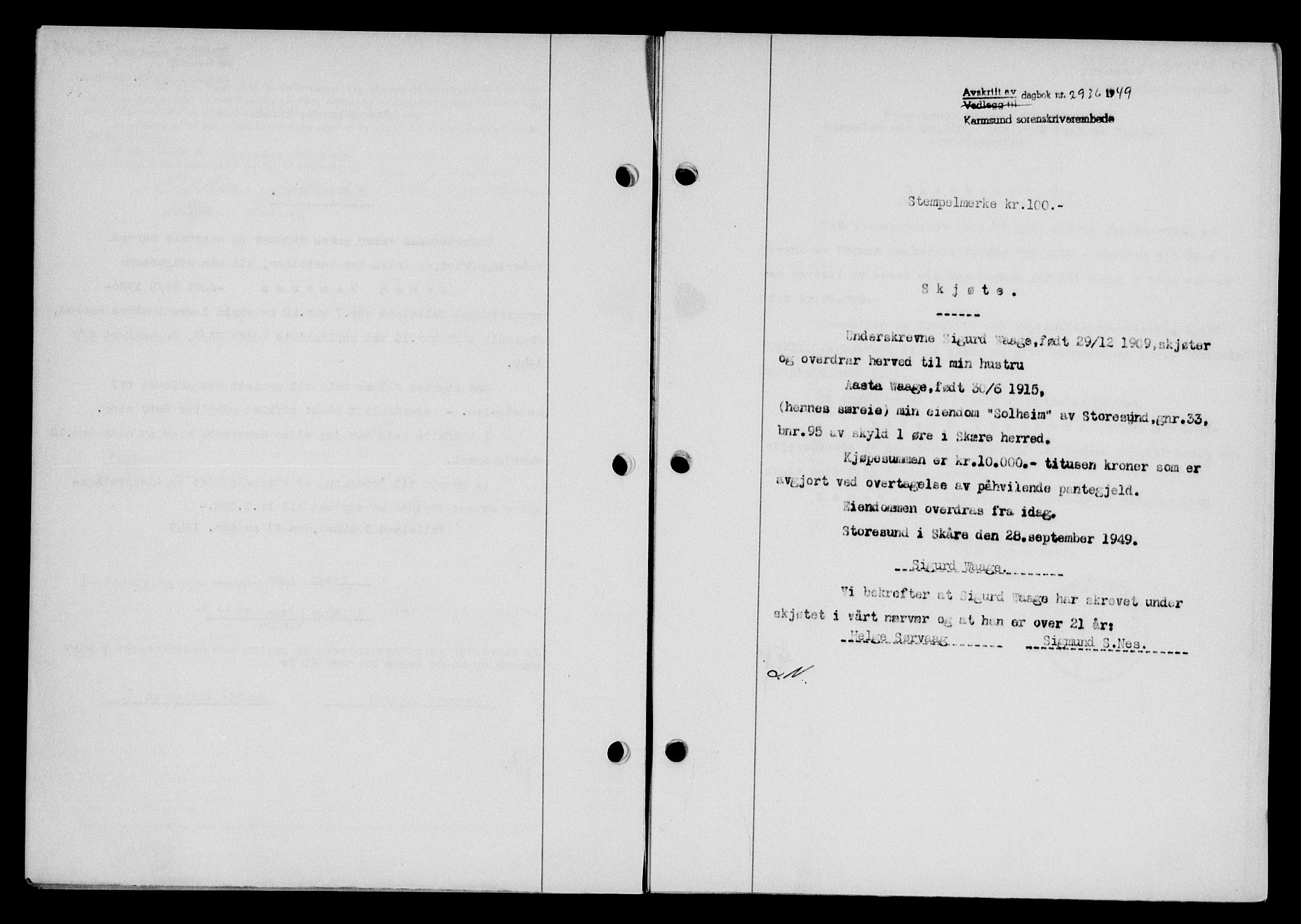 Karmsund sorenskriveri, SAST/A-100311/01/II/IIB/L0098: Mortgage book no. 78A, 1949-1950, Diary no: : 2936/1949