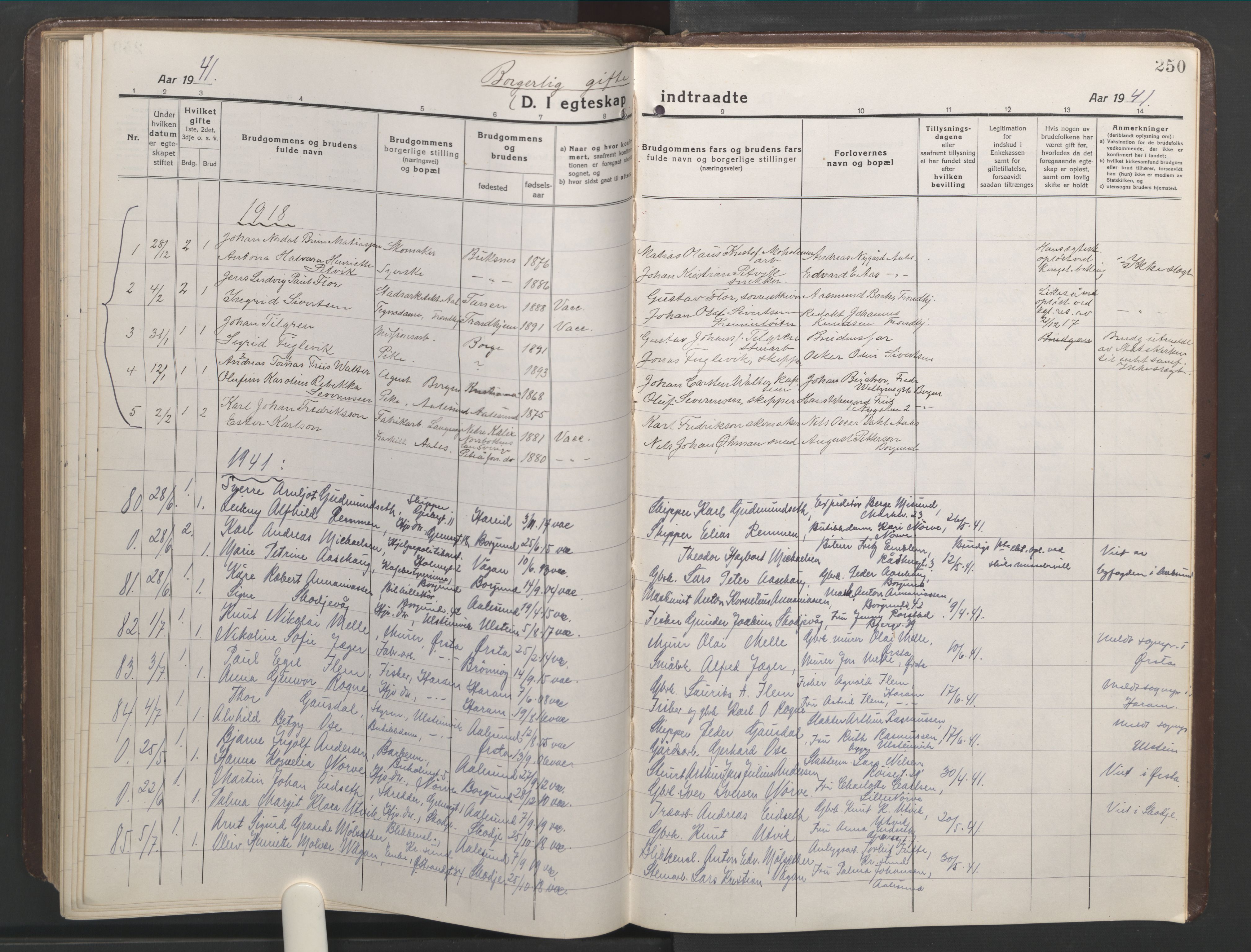 Ministerialprotokoller, klokkerbøker og fødselsregistre - Møre og Romsdal, AV/SAT-A-1454/529/L0473: Parish register (copy) no. 529C10, 1918-1941, p. 250