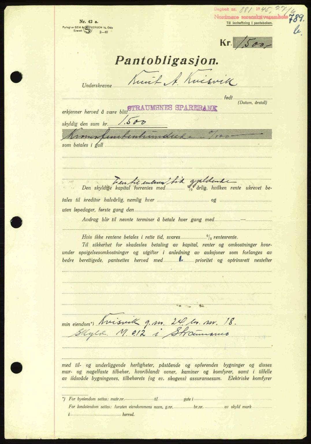 Nordmøre sorenskriveri, AV/SAT-A-4132/1/2/2Ca: Mortgage book no. B92, 1944-1945, Diary no: : 881/1945