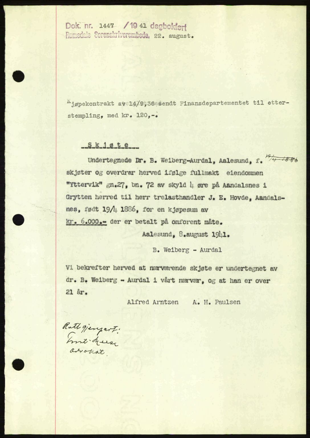 Romsdal sorenskriveri, AV/SAT-A-4149/1/2/2C: Mortgage book no. A10, 1941-1941, Diary no: : 1447/1941