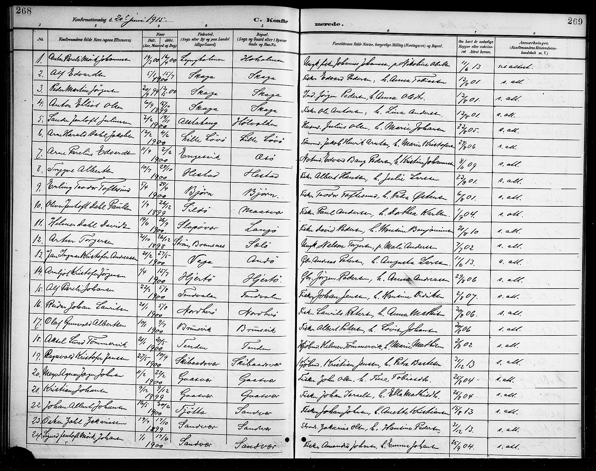 Ministerialprotokoller, klokkerbøker og fødselsregistre - Nordland, SAT/A-1459/834/L0516: Parish register (copy) no. 834C06, 1902-1918, p. 268-269