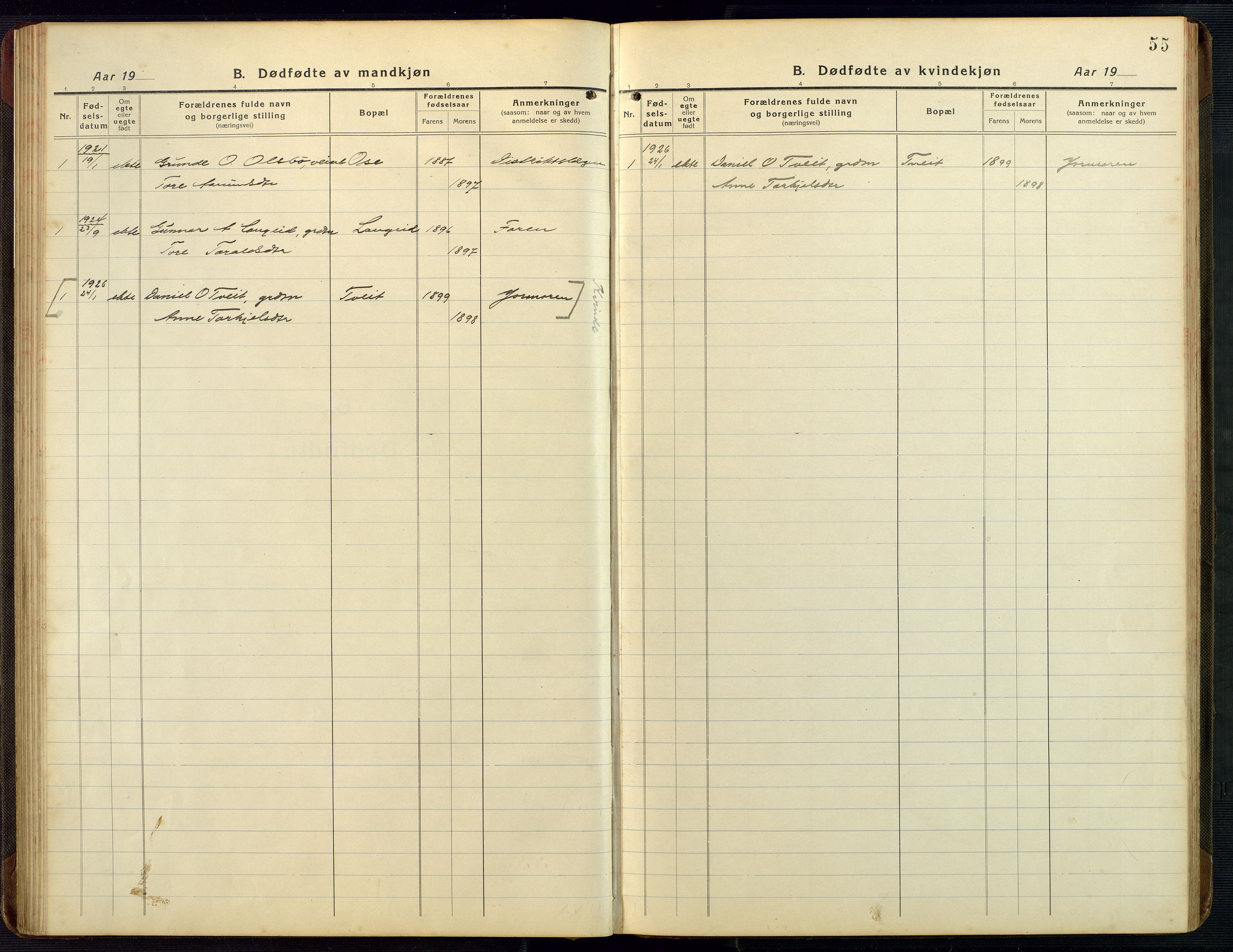 Bygland sokneprestkontor, SAK/1111-0006/F/Fb/Fba/L0003: Parish register (copy) no. B 3, 1920-1974, p. 55