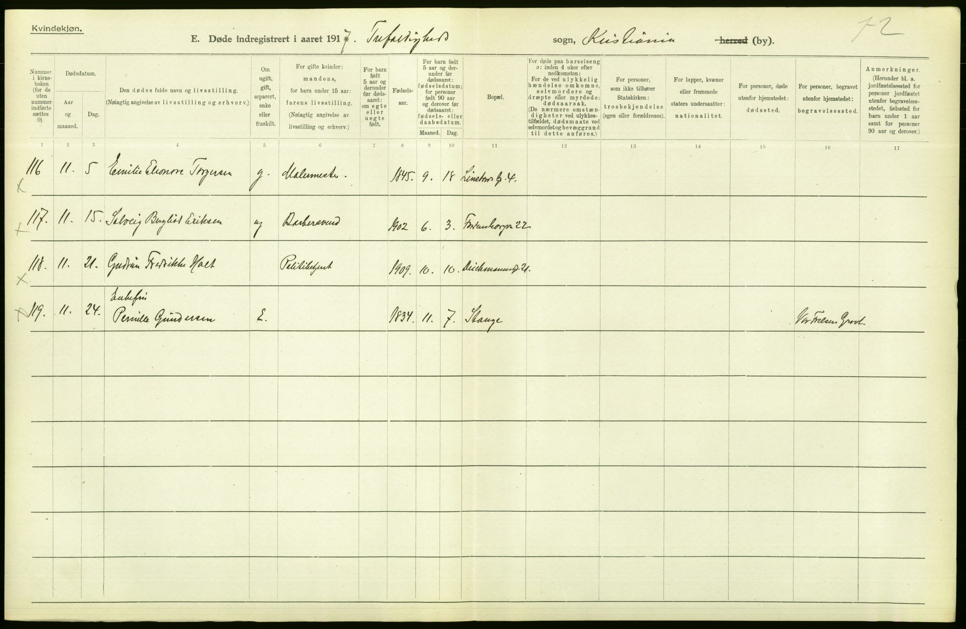 Statistisk sentralbyrå, Sosiodemografiske emner, Befolkning, AV/RA-S-2228/D/Df/Dfb/Dfbg/L0010: Kristiania: Døde, 1917, p. 54