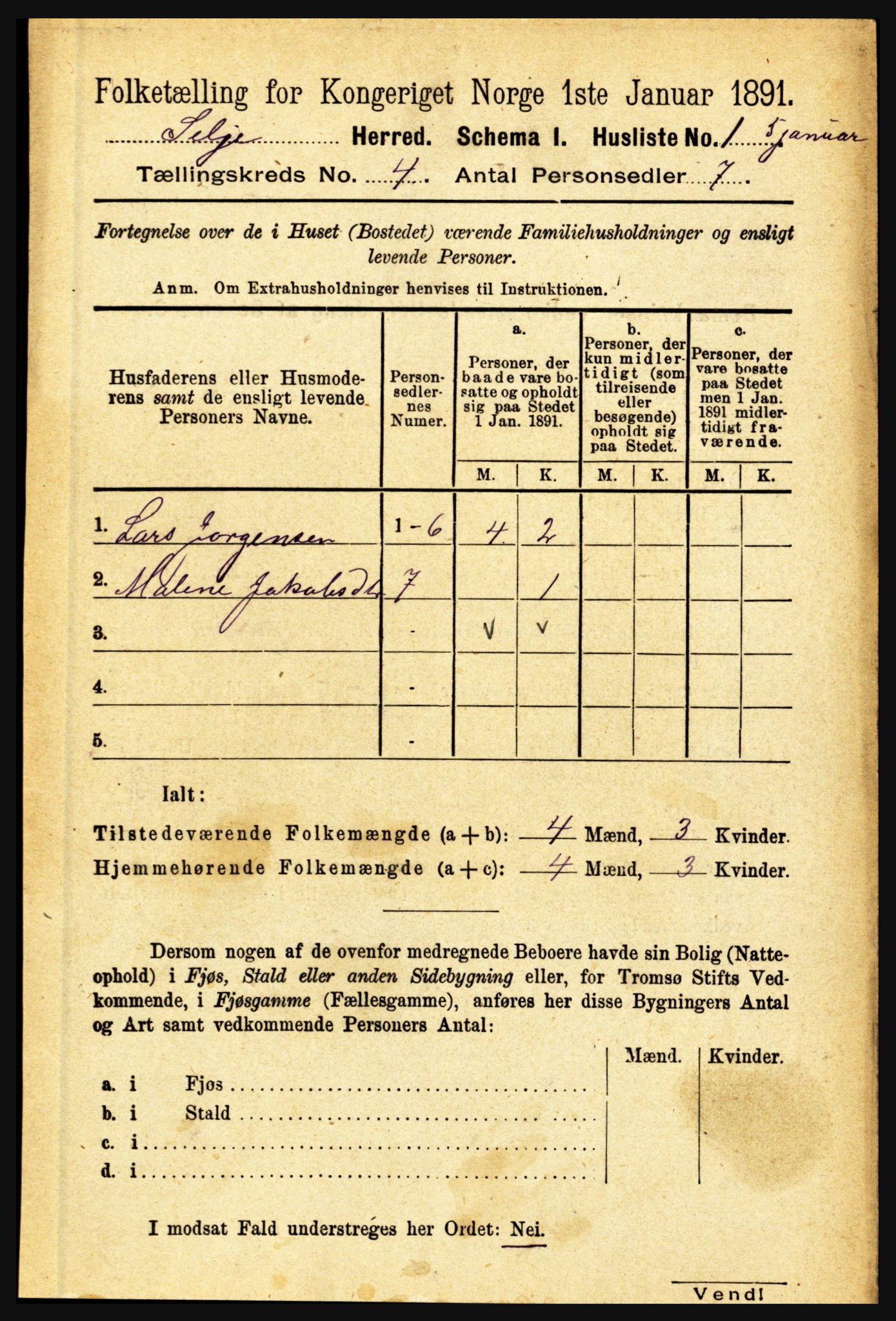 RA, 1891 census for 1441 Selje, 1891, p. 905