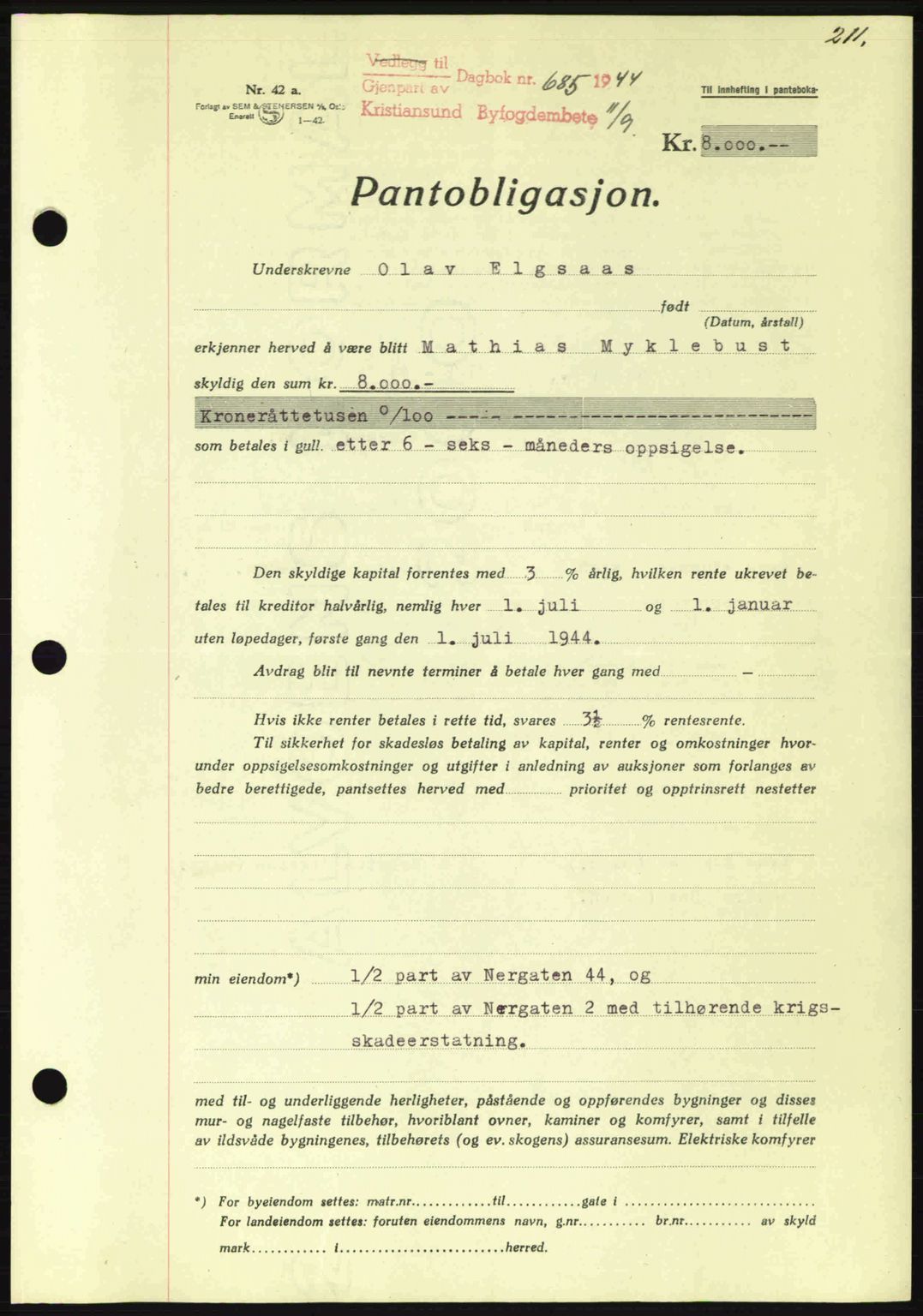Kristiansund byfogd, SAT/A-4587/A/27: Mortgage book no. 37-38, 1943-1945, Diary no: : 685/1944