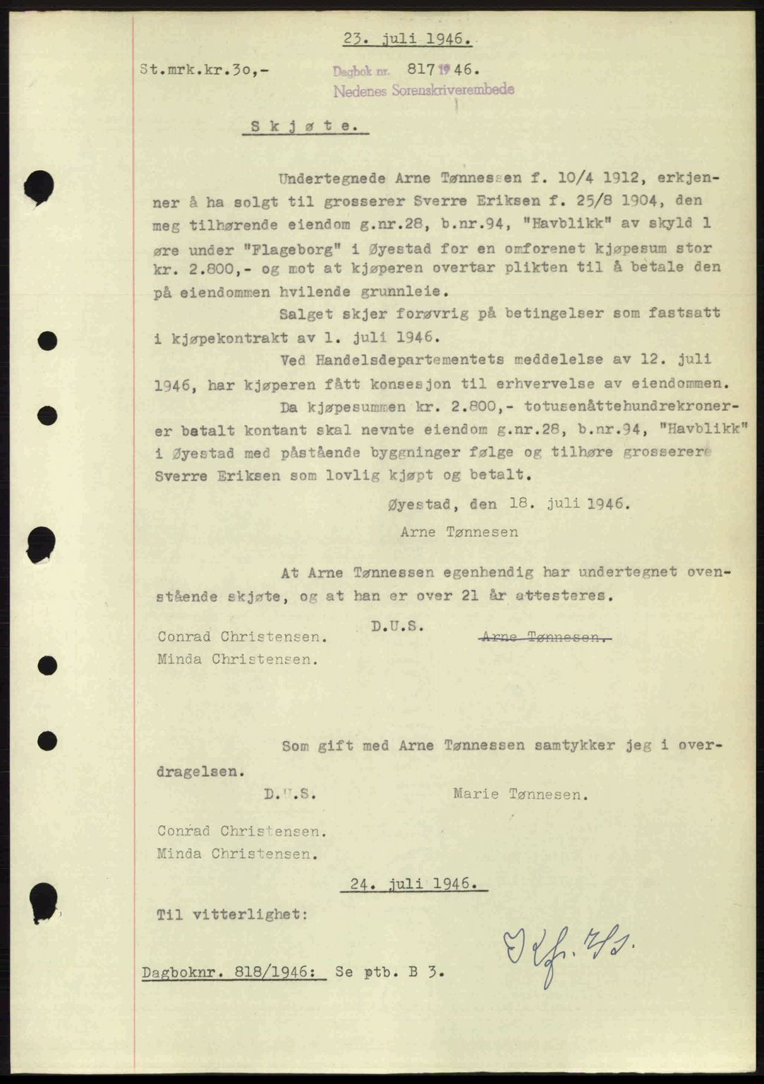Nedenes sorenskriveri, SAK/1221-0006/G/Gb/Gba/L0055: Mortgage book no. A7, 1946-1946, Diary no: : 817/1946