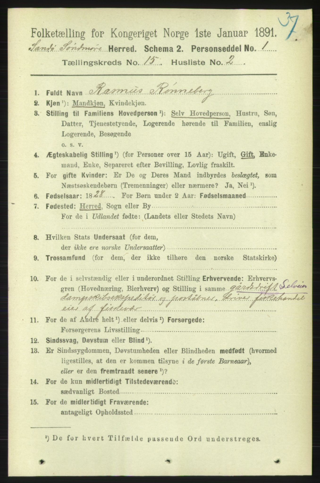 RA, 1891 census for 1514 Sande, 1891, p. 3016