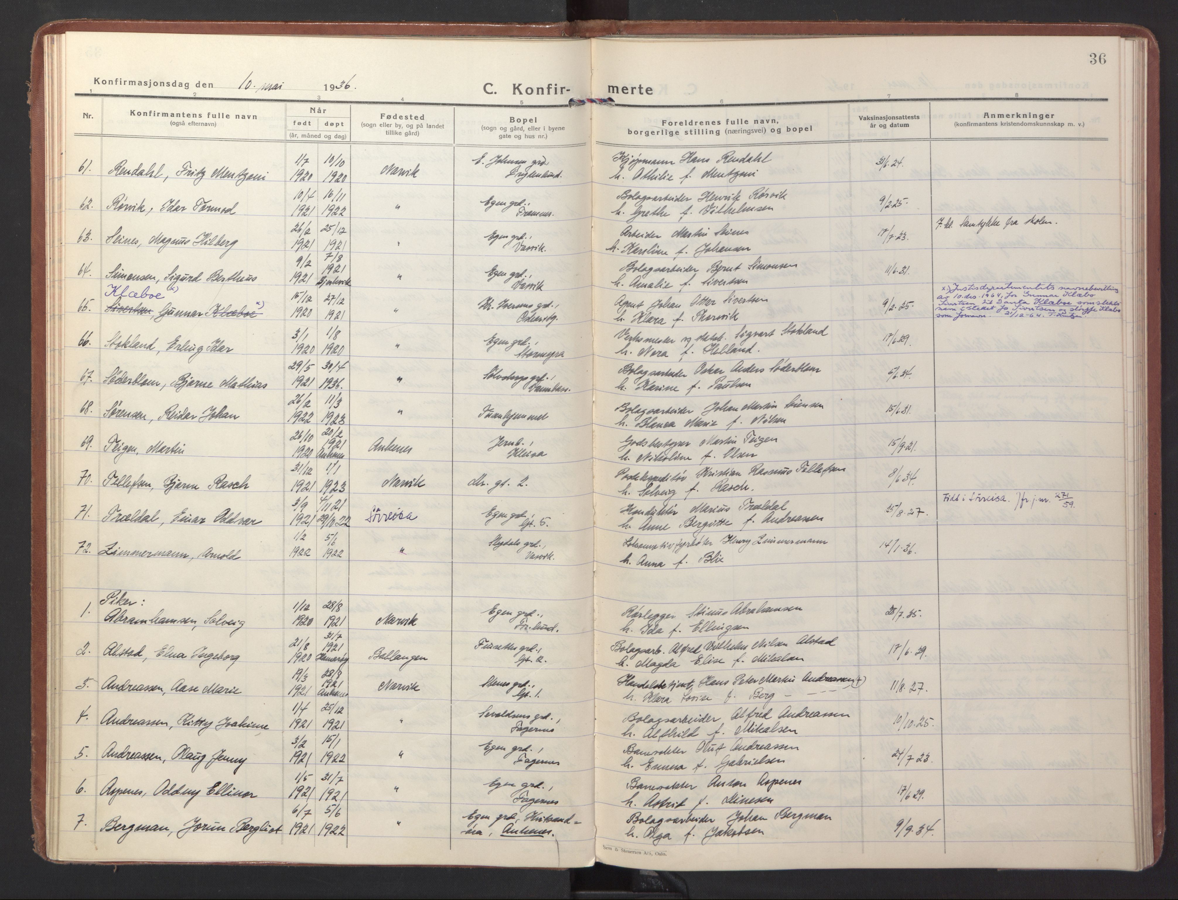 Ministerialprotokoller, klokkerbøker og fødselsregistre - Nordland, AV/SAT-A-1459/871/L1007: Parish register (official) no. 871A23, 1932-1942, p. 36