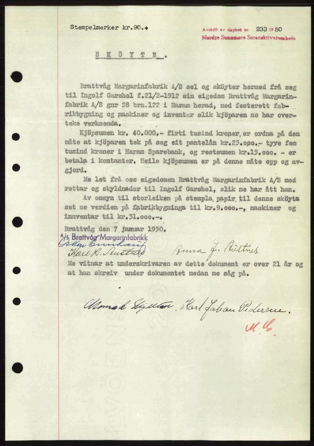 Nordre Sunnmøre sorenskriveri, AV/SAT-A-0006/1/2/2C/2Ca: Mortgage book no. A33, 1949-1950, Diary no: : 233/1950