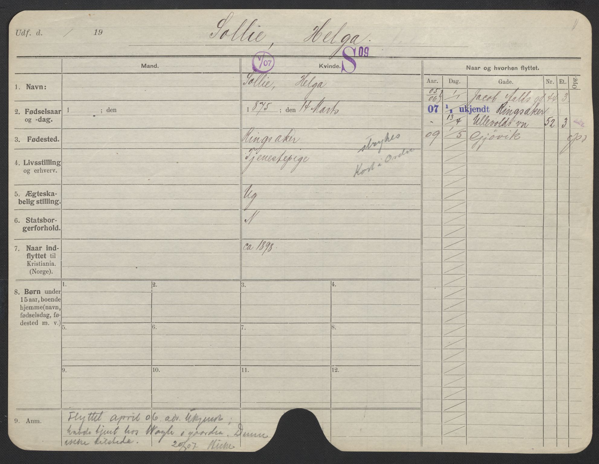 Oslo folkeregister, Registerkort, AV/SAO-A-11715/F/Fa/Fac/L0024: Kvinner, 1906-1914, p. 120a