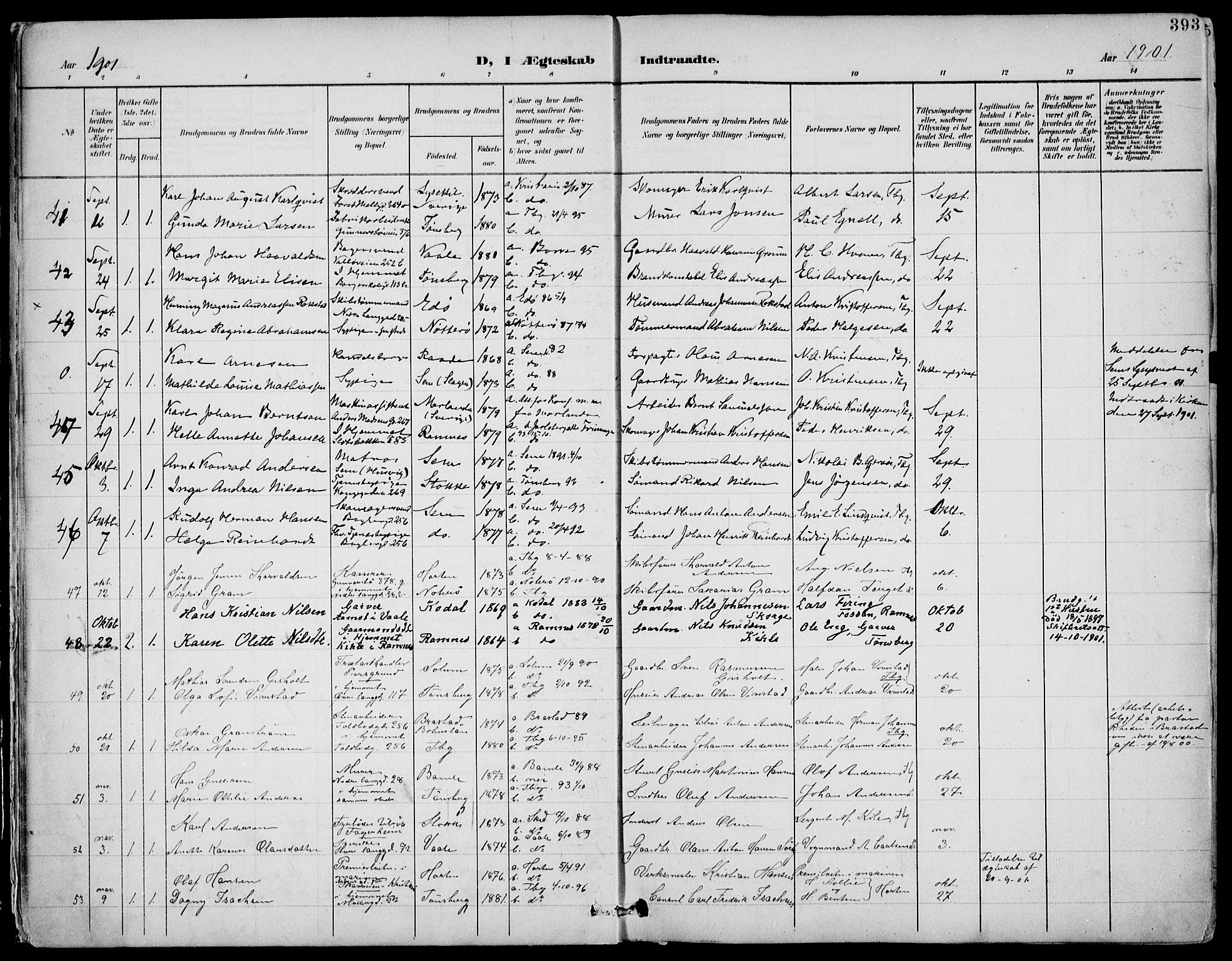 Tønsberg kirkebøker, AV/SAKO-A-330/F/Fa/L0013: Parish register (official) no. I 13, 1900-1913, p. 393