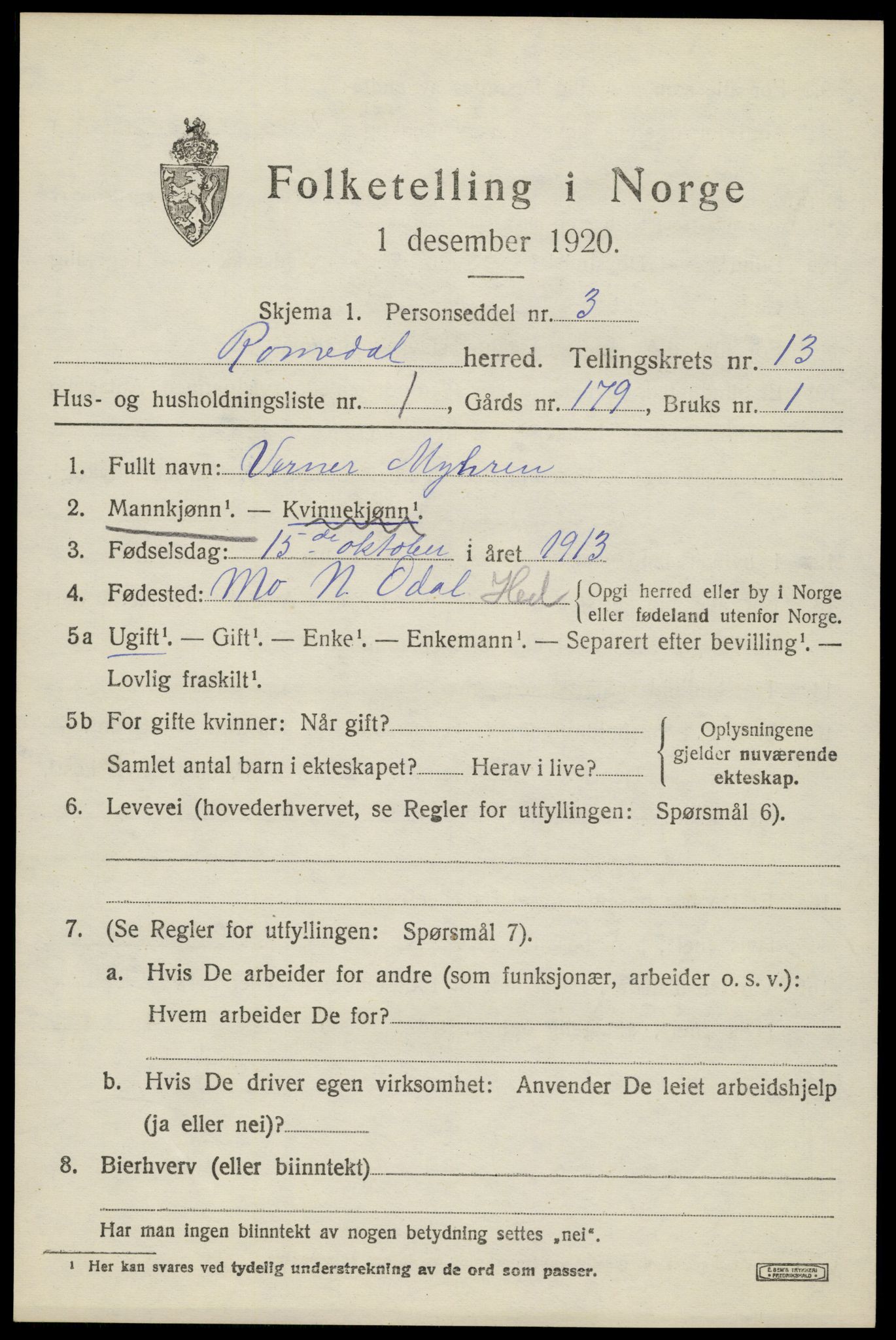 SAH, 1920 census for Romedal, 1920, p. 12955