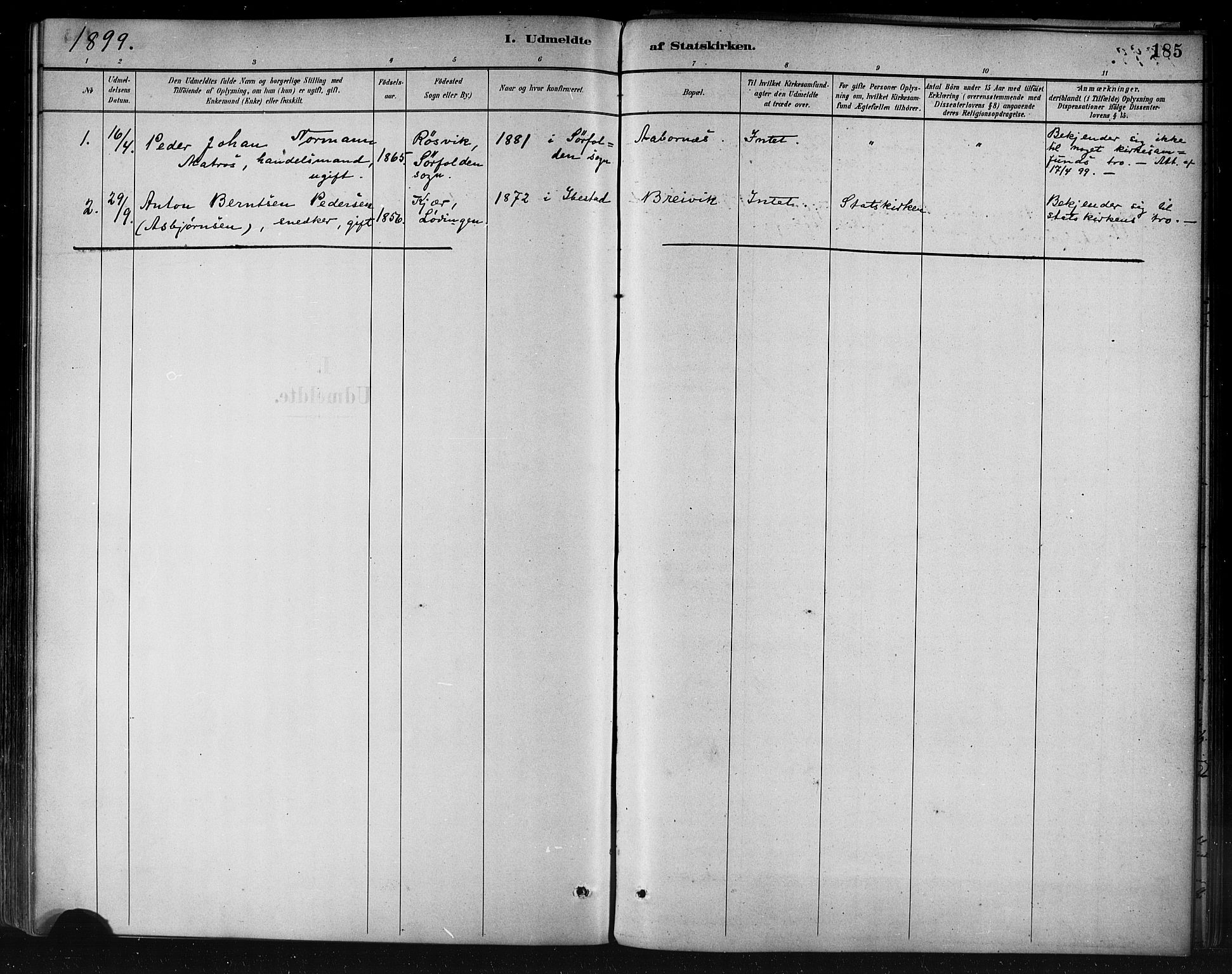 Ministerialprotokoller, klokkerbøker og fødselsregistre - Nordland, AV/SAT-A-1459/858/L0831: Parish register (official) no. 858A01, 1884-1902, p. 185