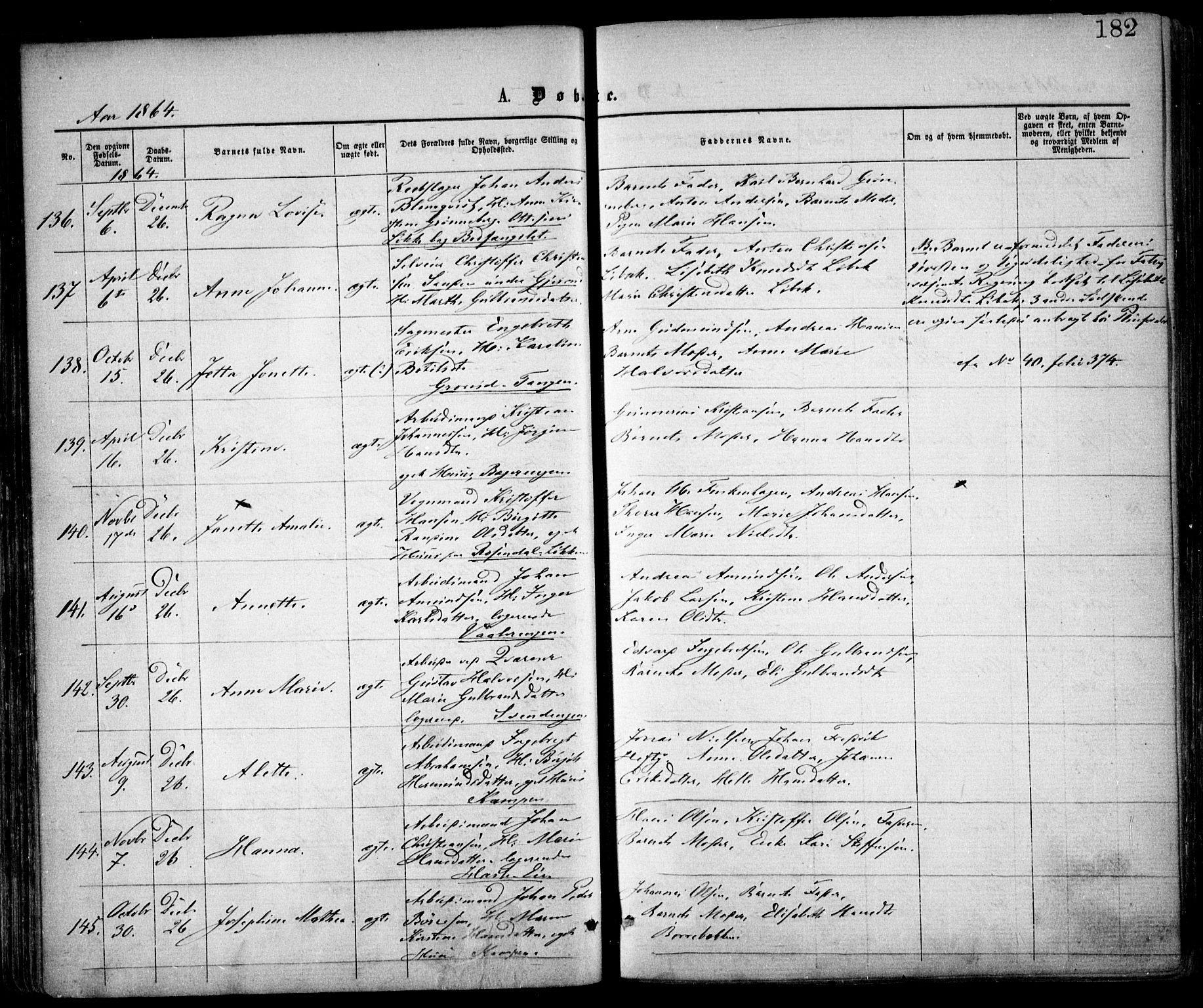 Østre Aker prestekontor Kirkebøker, SAO/A-10840/F/Fa/L0001: Parish register (official) no. I 1, 1861-1869, p. 182