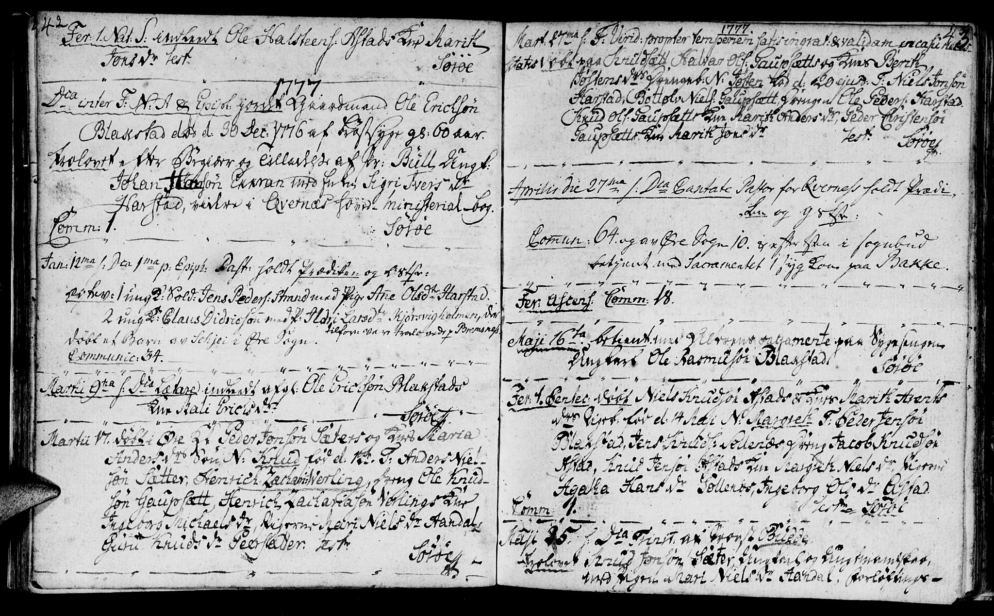 Ministerialprotokoller, klokkerbøker og fødselsregistre - Møre og Romsdal, AV/SAT-A-1454/584/L0962: Parish register (official) no. 584A02, 1765-1812, p. 42-43