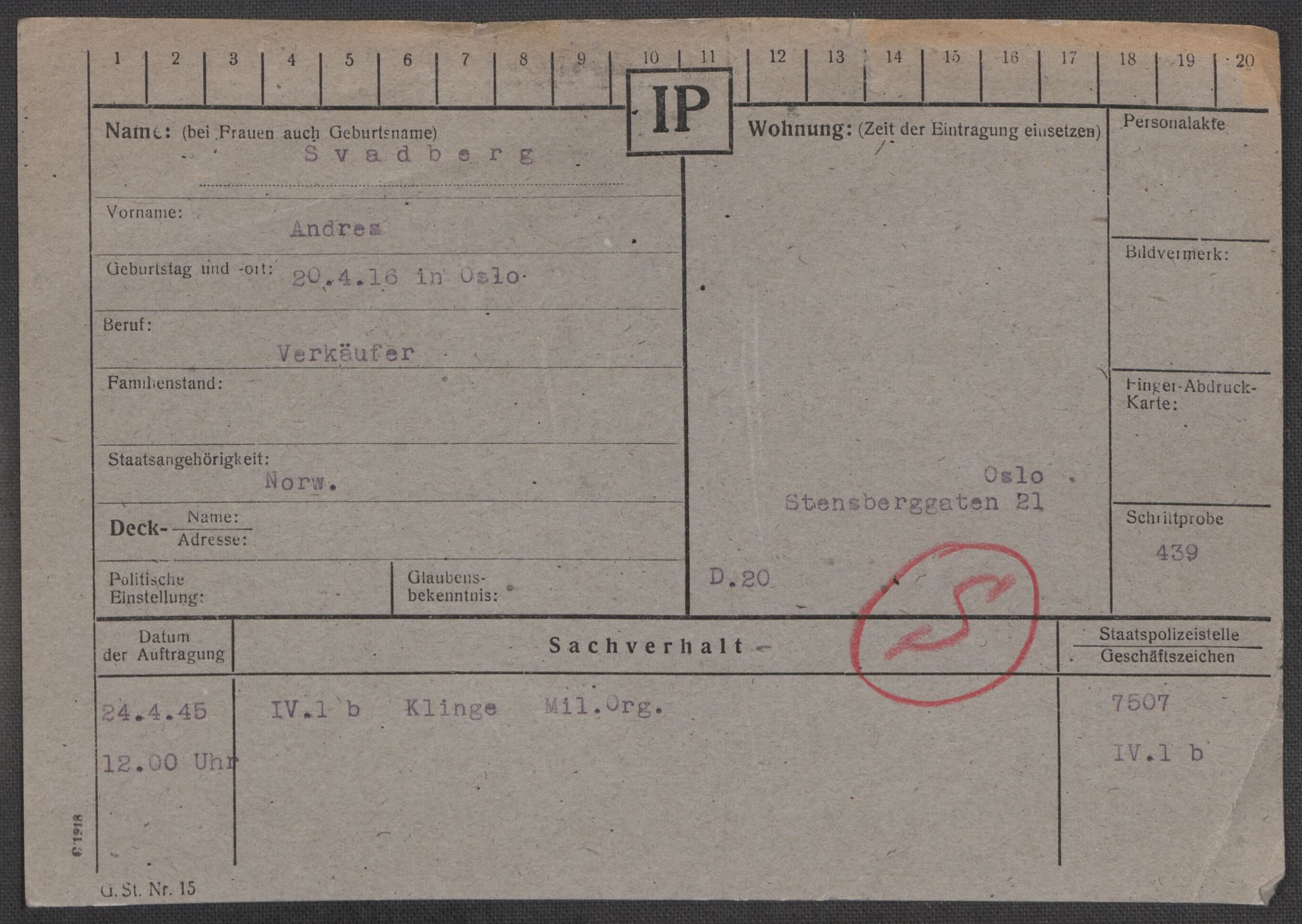 Befehlshaber der Sicherheitspolizei und des SD, RA/RAFA-5969/E/Ea/Eaa/L0009: Register over norske fanger i Møllergata 19: Ru-Sy, 1940-1945, p. 1476