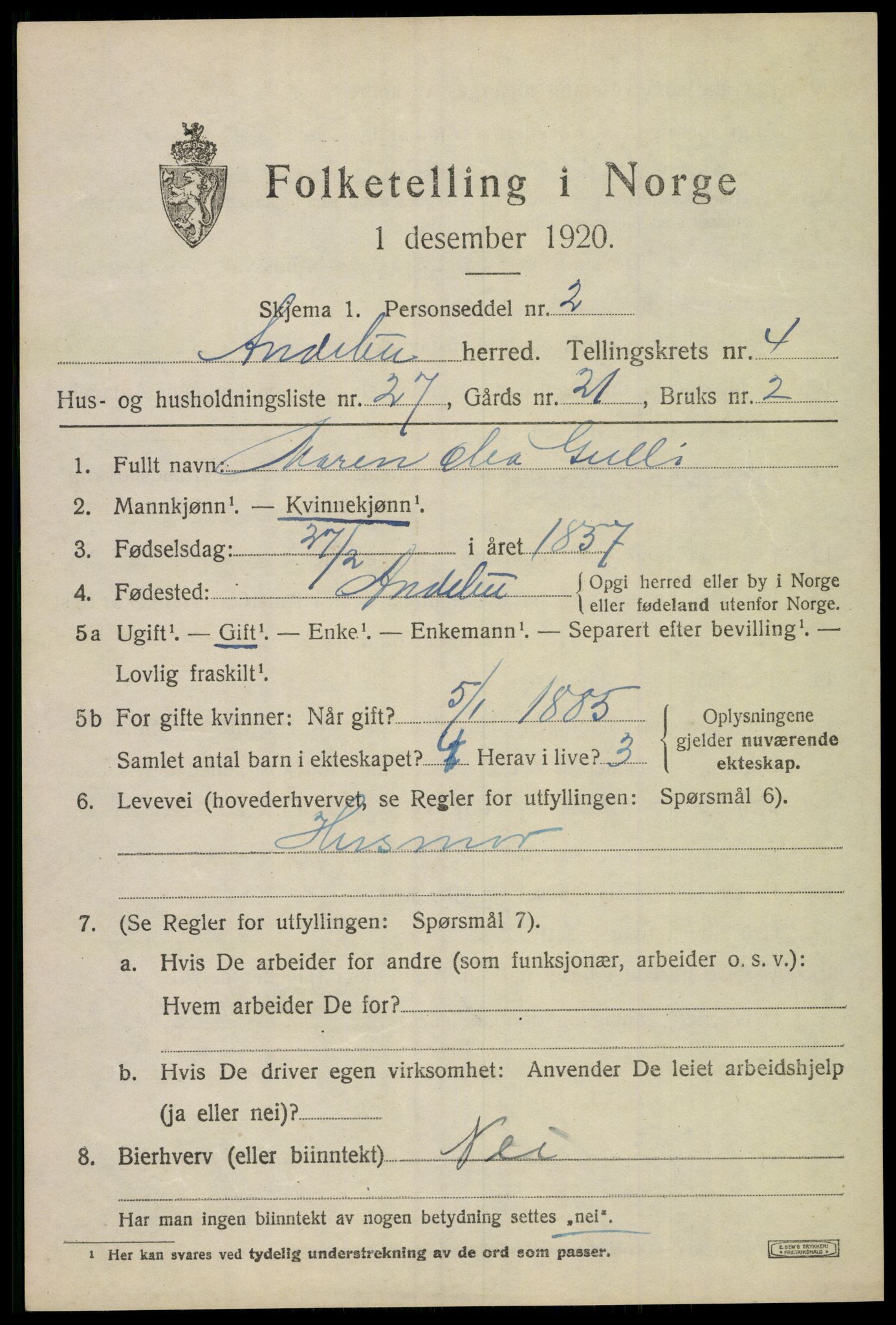 SAKO, 1920 census for Andebu, 1920, p. 2618