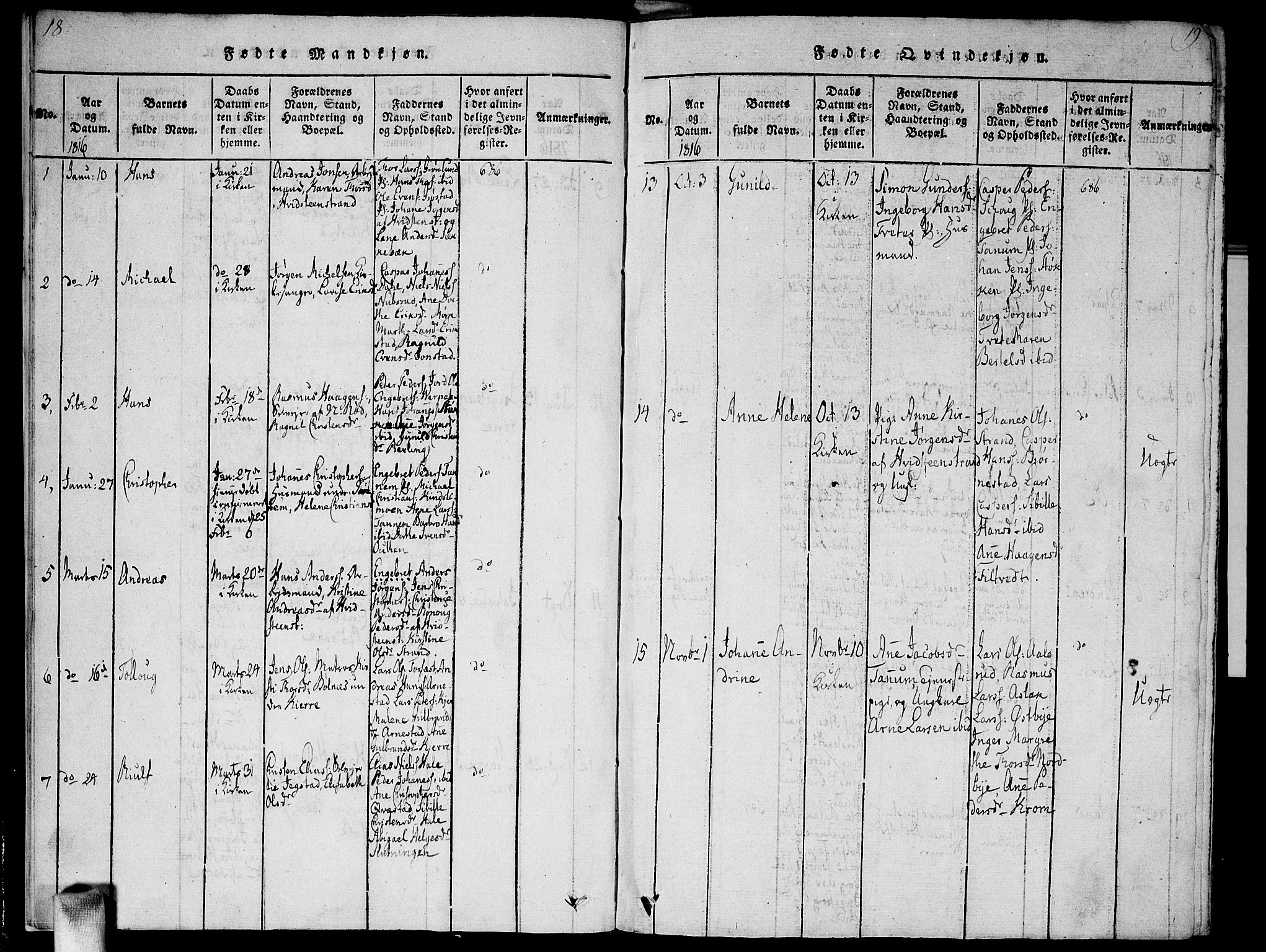 Vestby prestekontor Kirkebøker, AV/SAO-A-10893/G/Ga/L0001: Parish register (copy) no. I 1, 1814-1827, p. 18-19