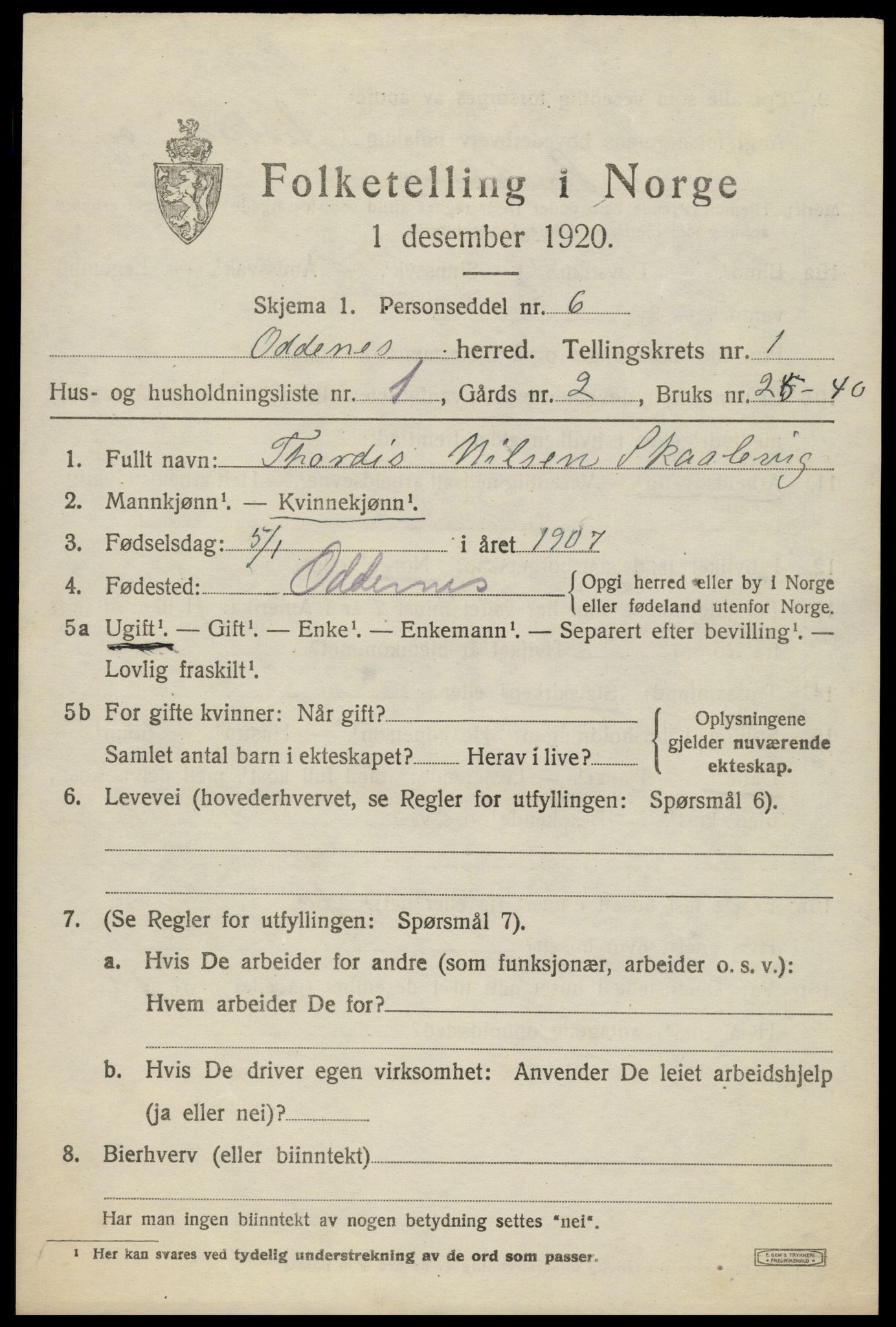 SAK, 1920 census for Oddernes, 1920, p. 2007