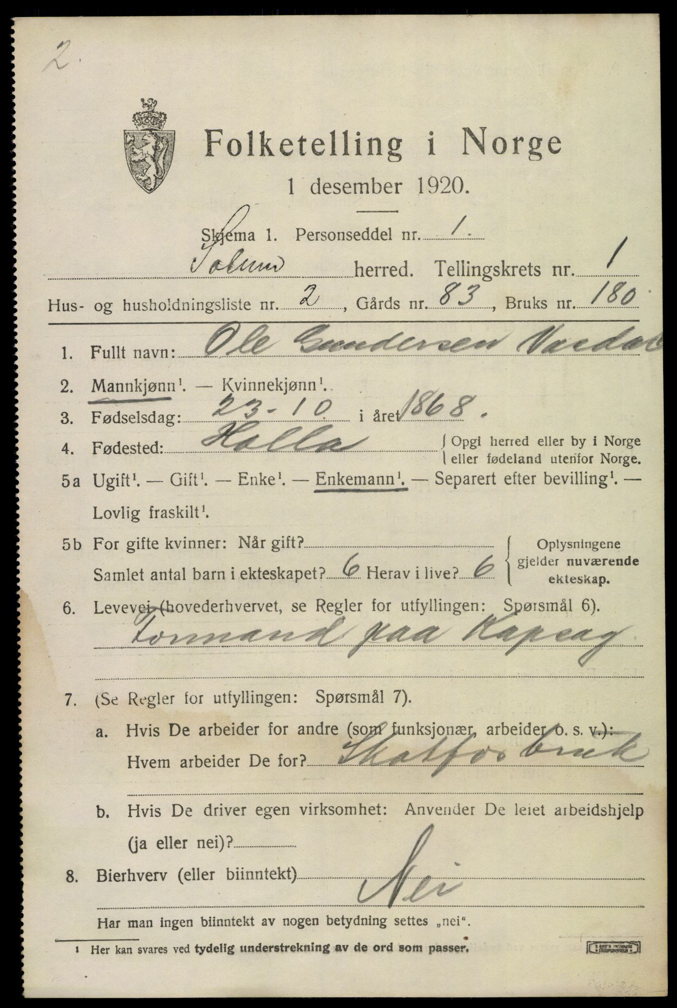 SAKO, 1920 census for Solum, 1920, p. 2256