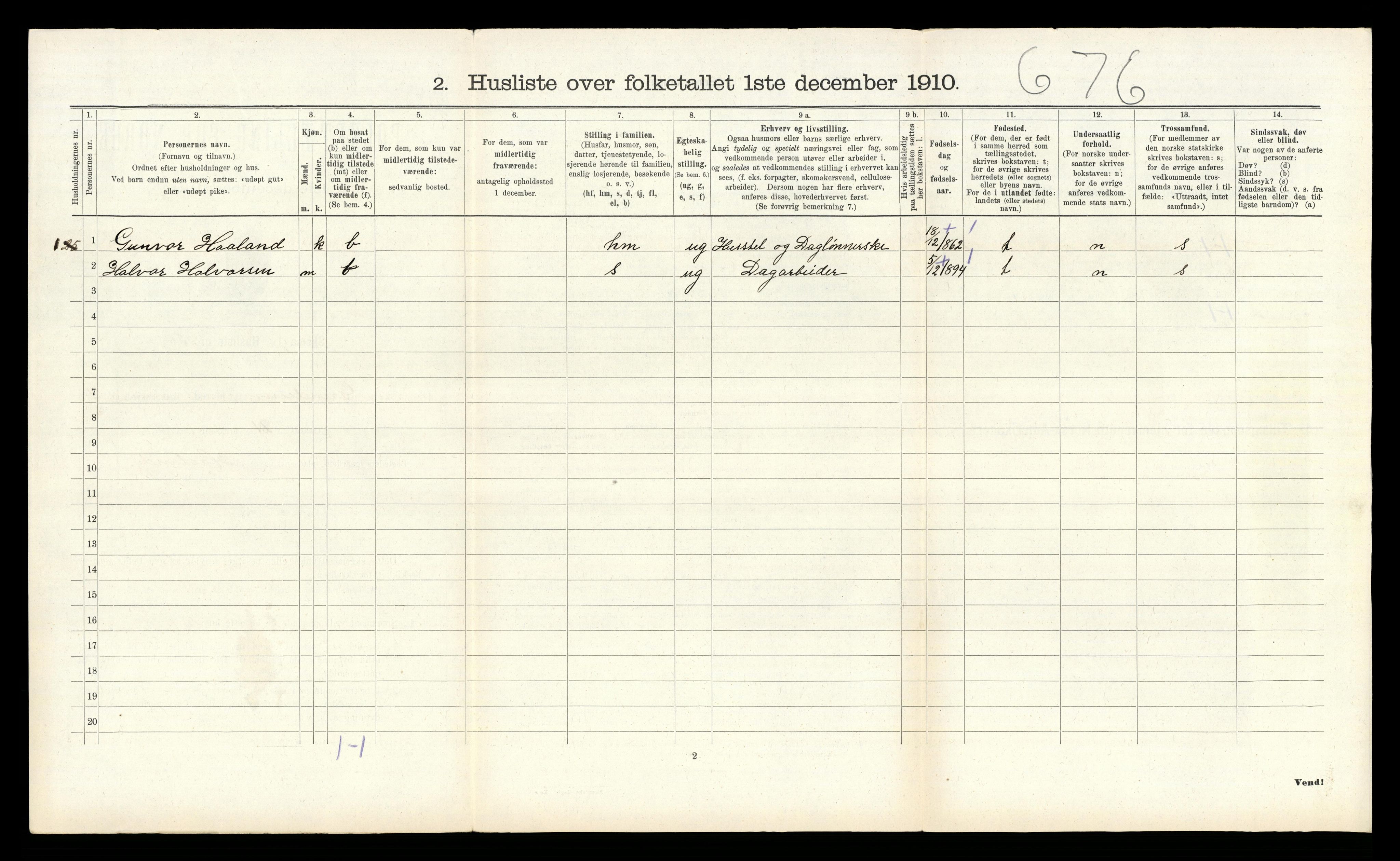 RA, 1910 census for Grindheim, 1910, p. 278