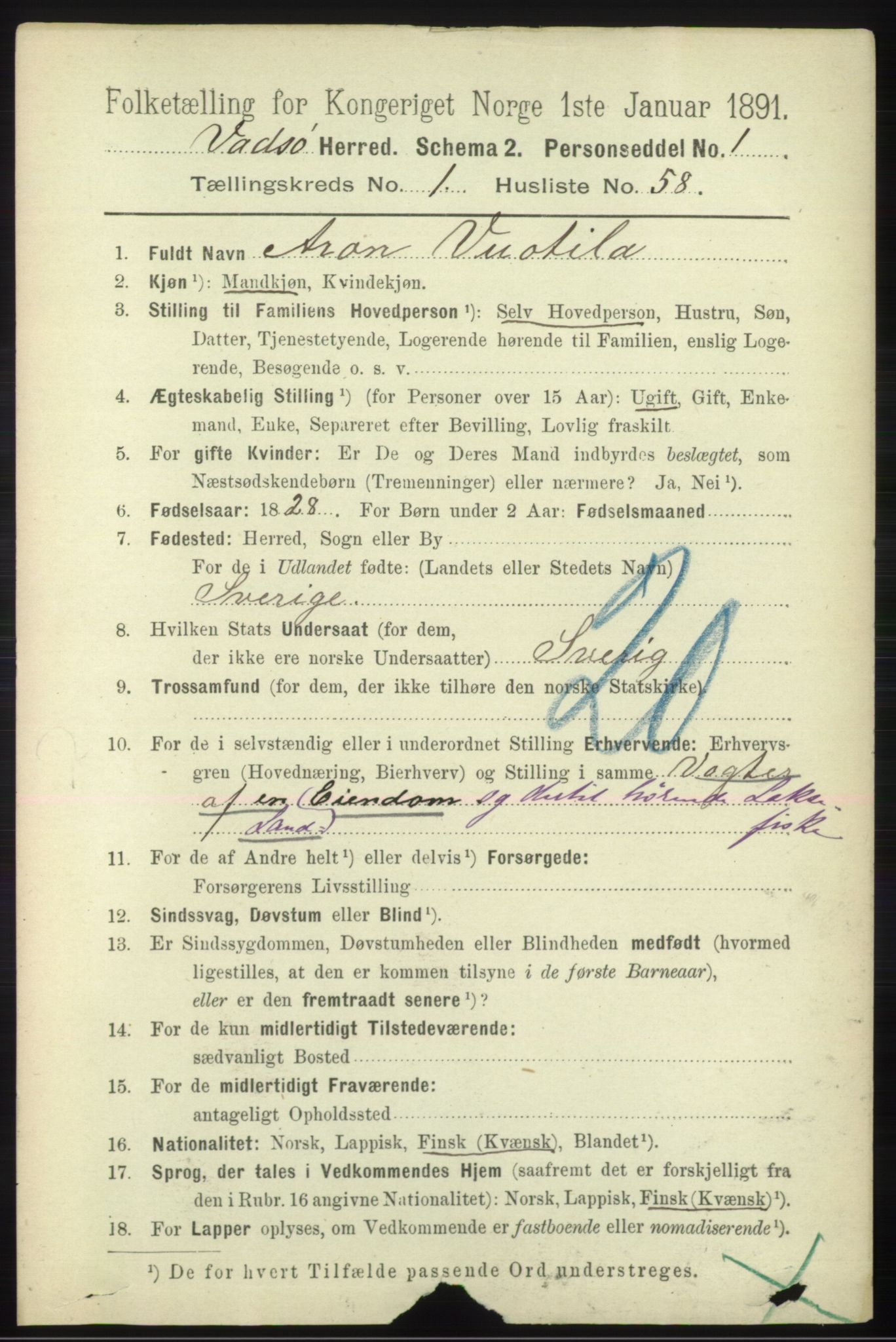 RA, 1891 census for 2029 Vadsø, 1891, p. 401