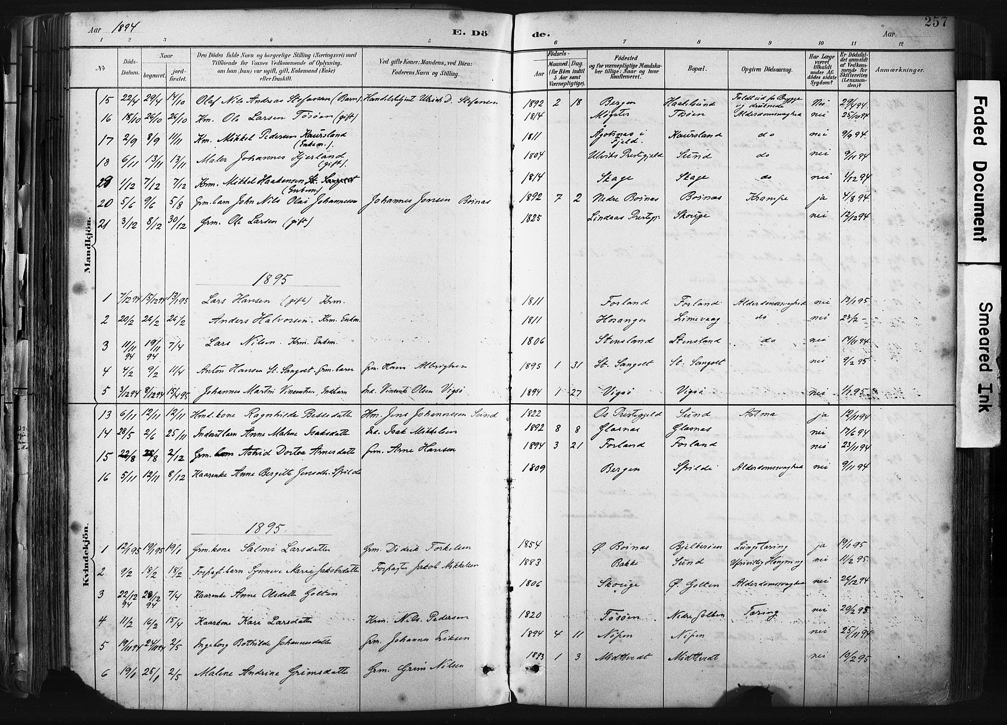 Sund sokneprestembete, AV/SAB-A-99930: Parish register (official) no. B 1, 1882-1907, p. 257