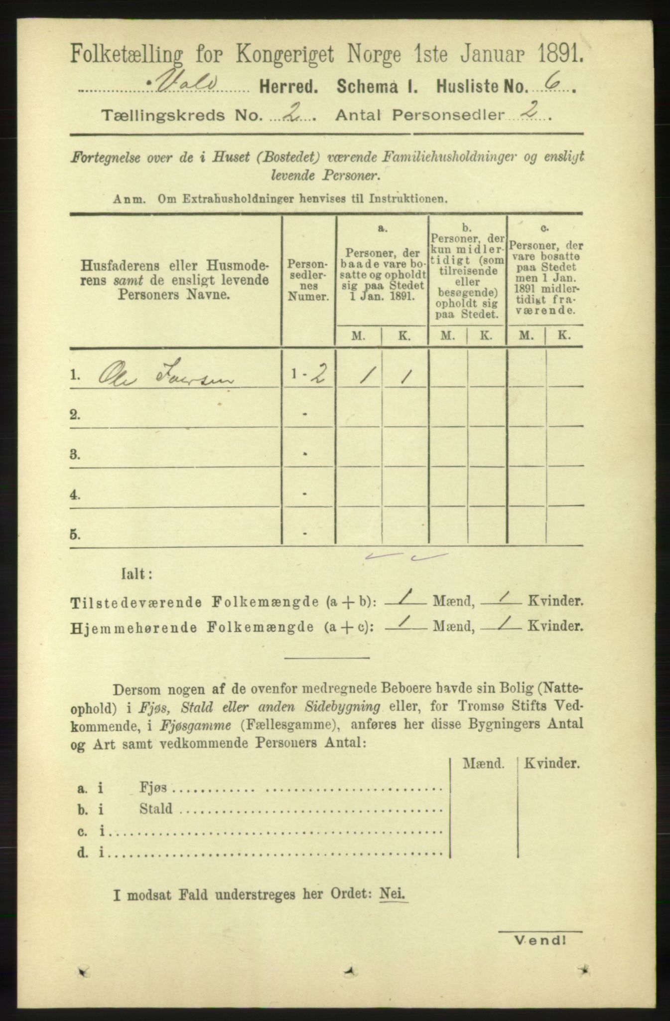 RA, 1891 census for 1537 Voll, 1891, p. 657