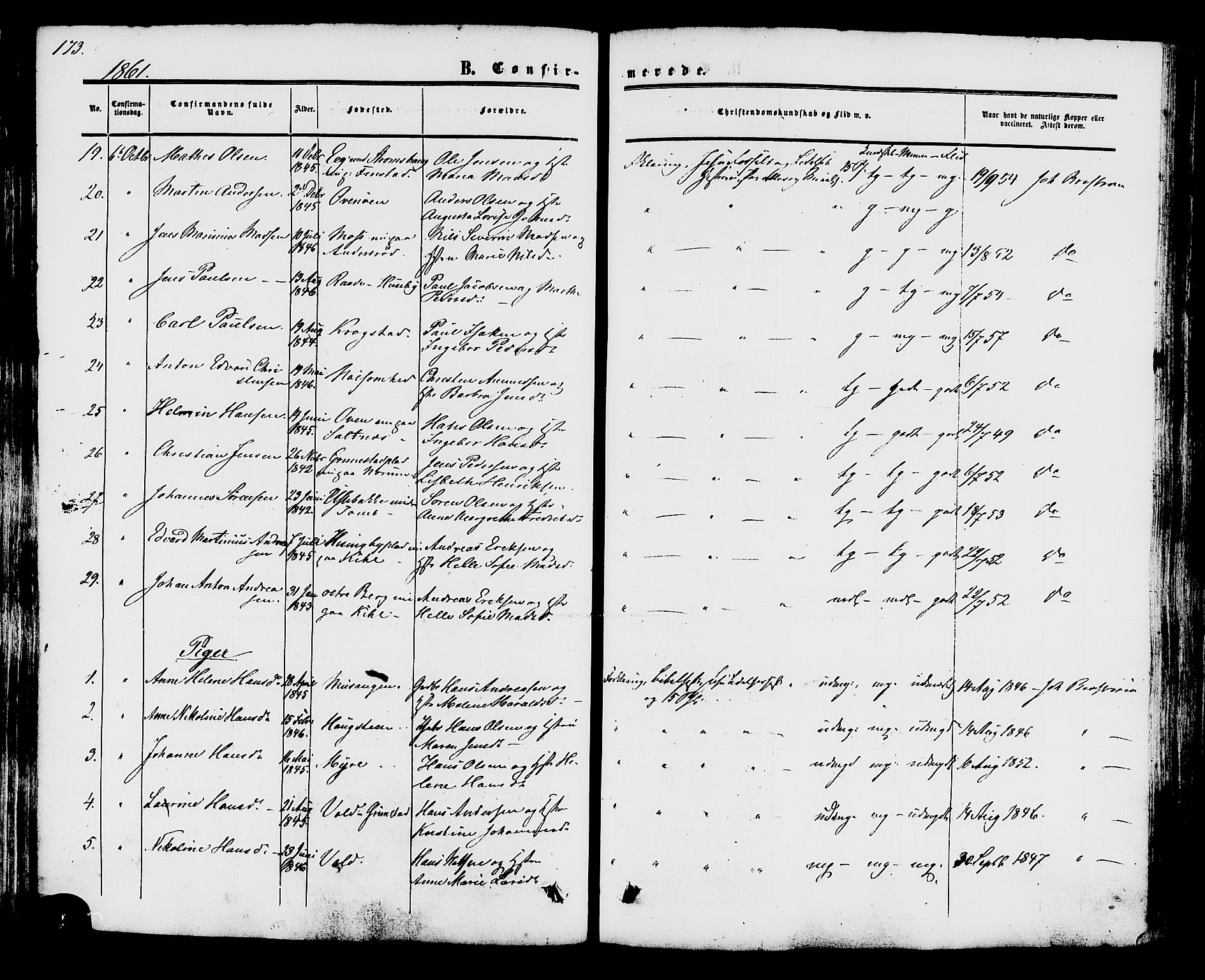 Råde prestekontor kirkebøker, AV/SAO-A-2009/F/Fa/L0006: Parish register (official) no. 6, 1854-1877, p. 173