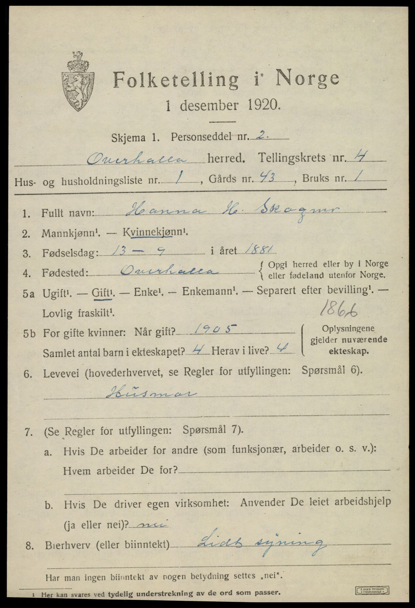 SAT, 1920 census for Overhalla, 1920, p. 2610