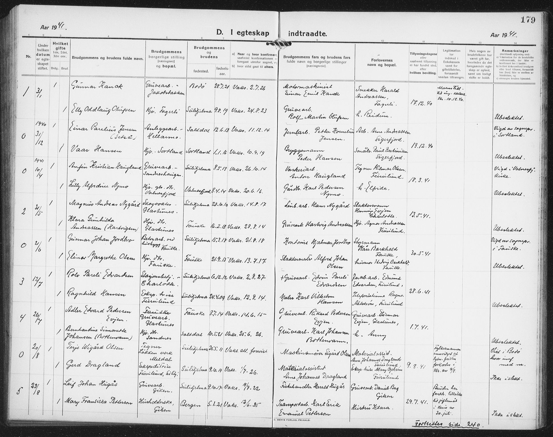 Ministerialprotokoller, klokkerbøker og fødselsregistre - Nordland, AV/SAT-A-1459/850/L0718: Parish register (copy) no. 850C02, 1921-1941, p. 179