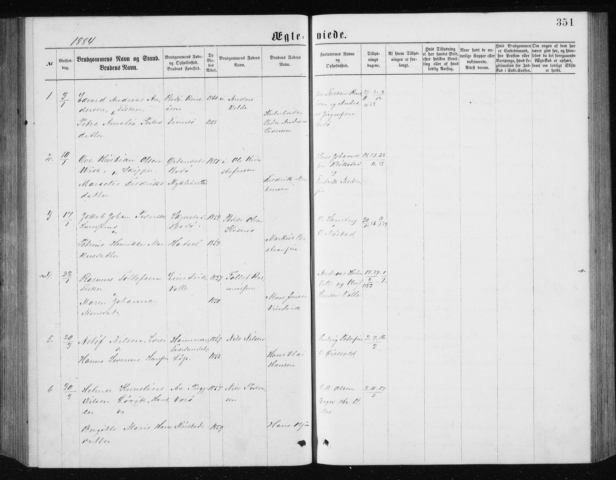 Ministerialprotokoller, klokkerbøker og fødselsregistre - Nordland, SAT/A-1459/801/L0031: Parish register (copy) no. 801C06, 1883-1887, p. 351