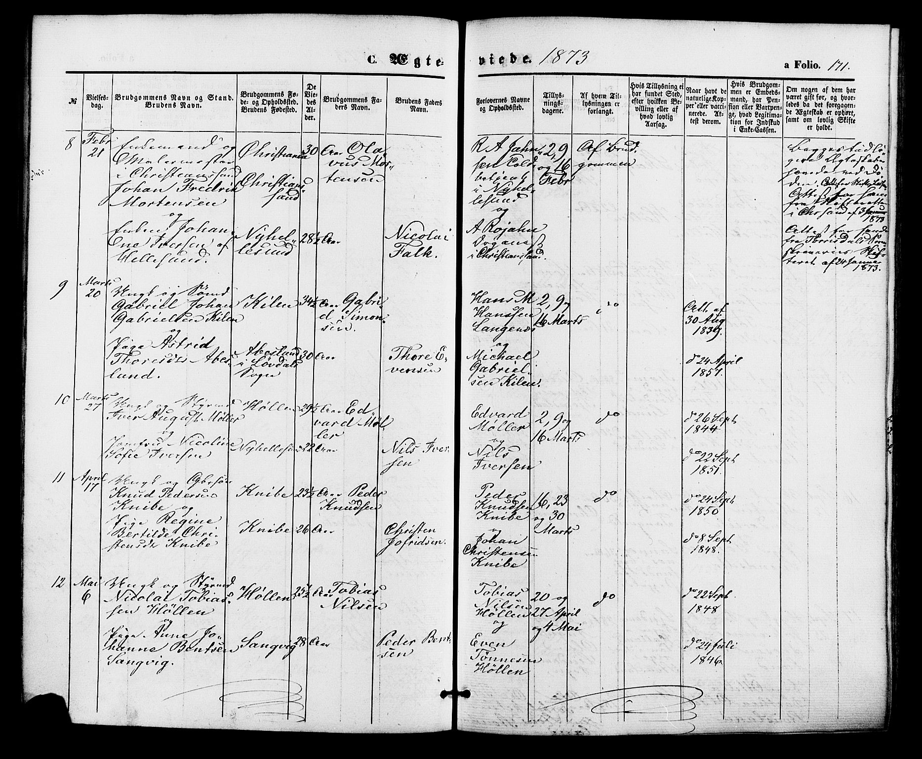 Søgne sokneprestkontor, AV/SAK-1111-0037/F/Fa/Fab/L0011: Parish register (official) no. A 11, 1869-1879, p. 171