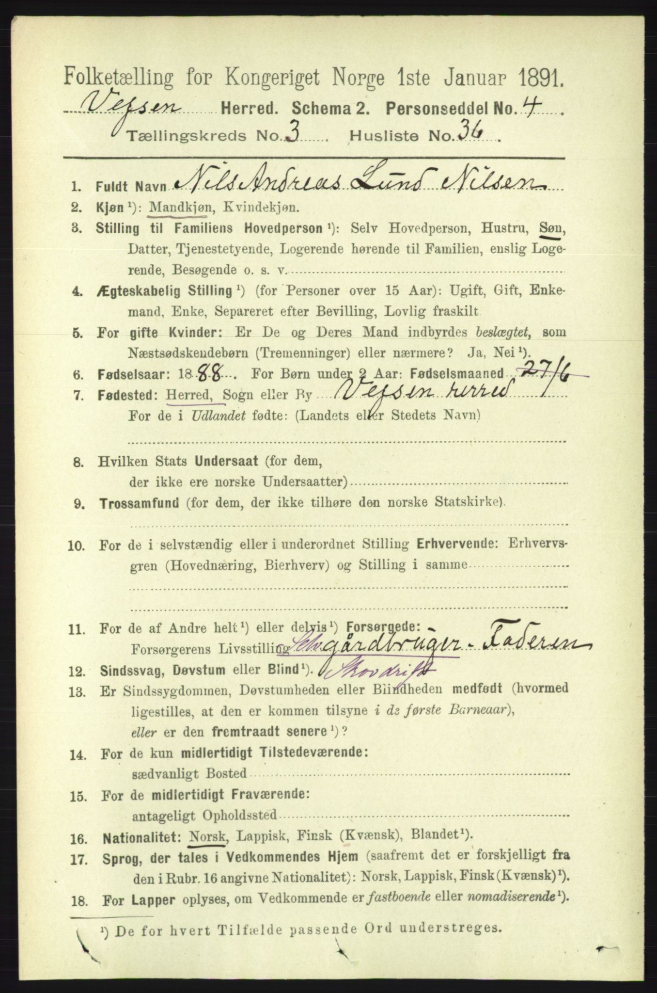 RA, 1891 census for 1824 Vefsn, 1891, p. 1530