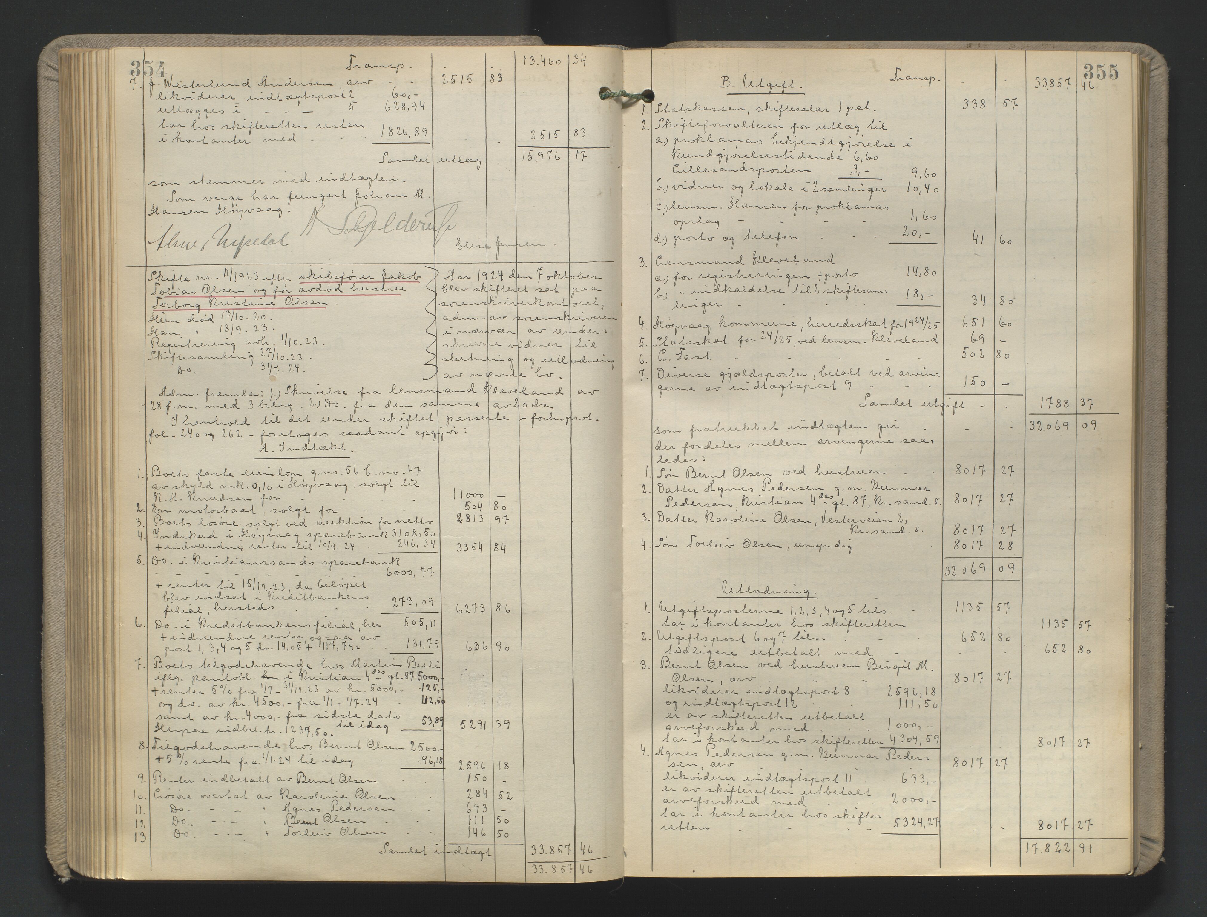 Vestre Nedenes/Sand sorenskriveri, AV/SAK-1221-0010/H/Hc/L0022: Skifteutlodningsprotokoll nr. 9, 1919-1932, p. 354-355