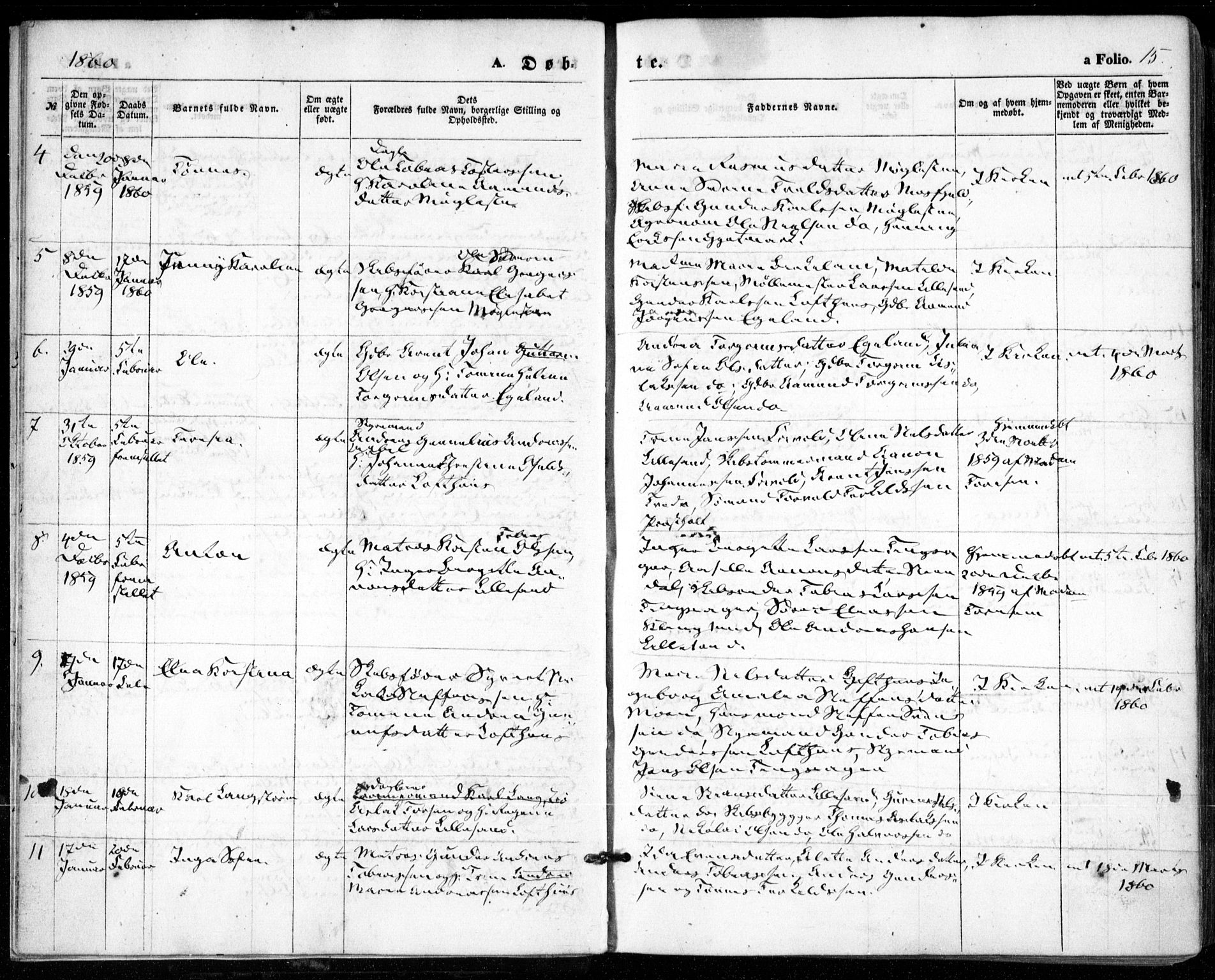 Vestre Moland sokneprestkontor, SAK/1111-0046/F/Fa/Fab/L0007: Parish register (official) no. A 7, 1859-1872, p. 15